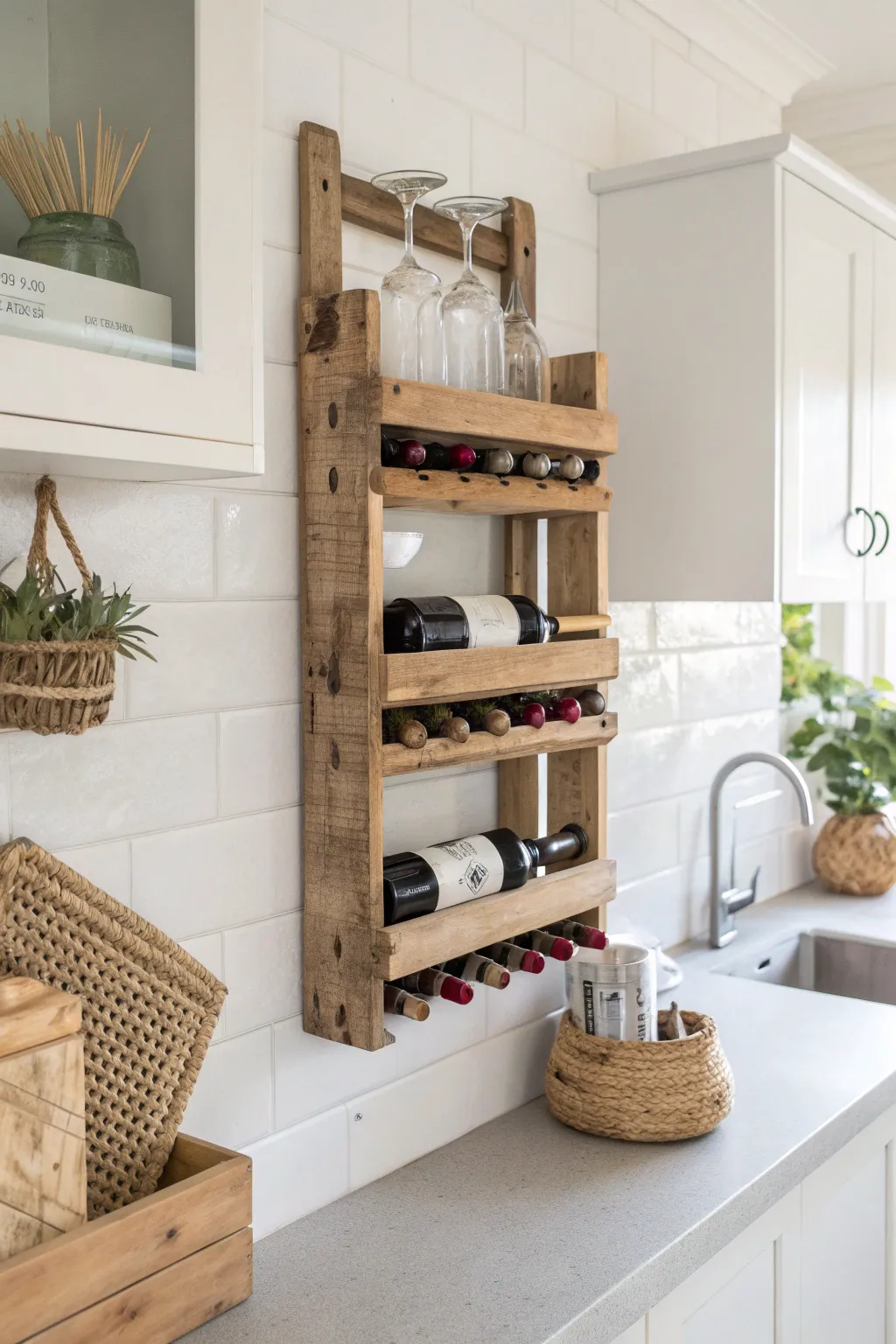 Transform your kitchen with this chic pallet wood wine rack, merging rustic charm with minimalist elegance.