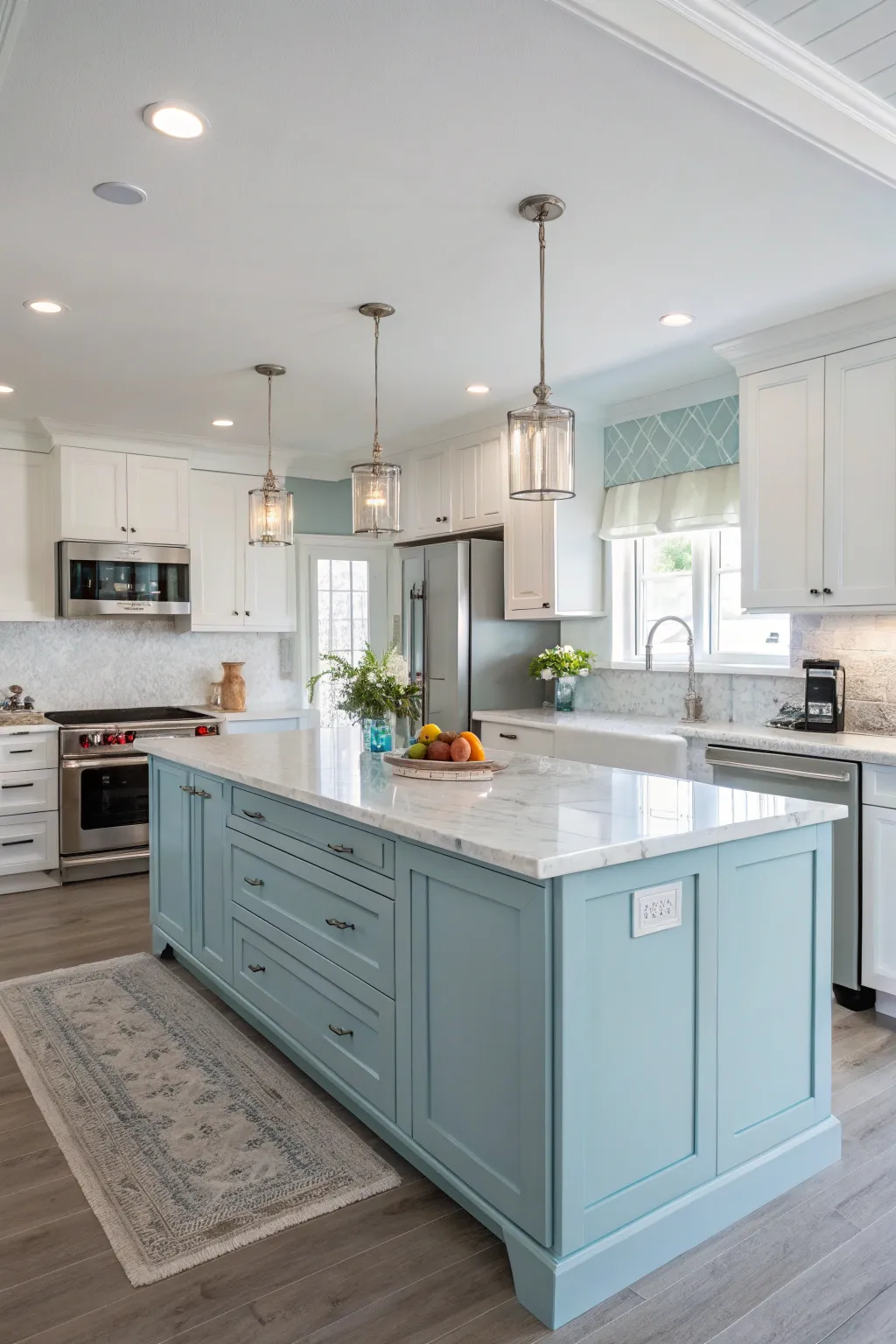 A kitchen with a delicate pastel blue island adding a vintage touch against white cabinets.