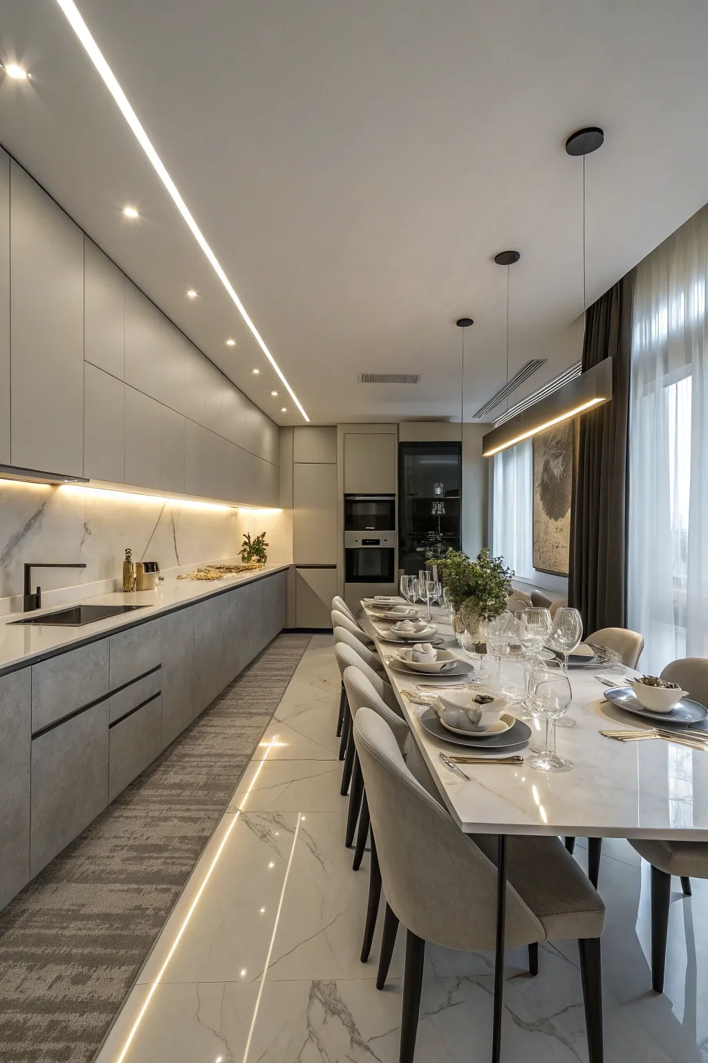 Linear lighting perfectly suits long kitchen tables.