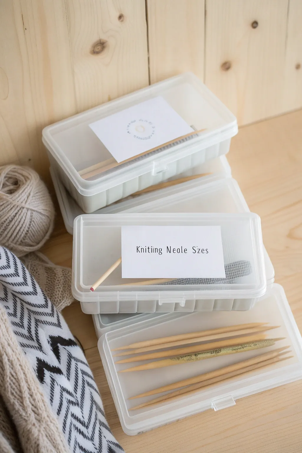 Organize your knitting needles with style: Clear, labeled boxes for a clutter-free creative space.