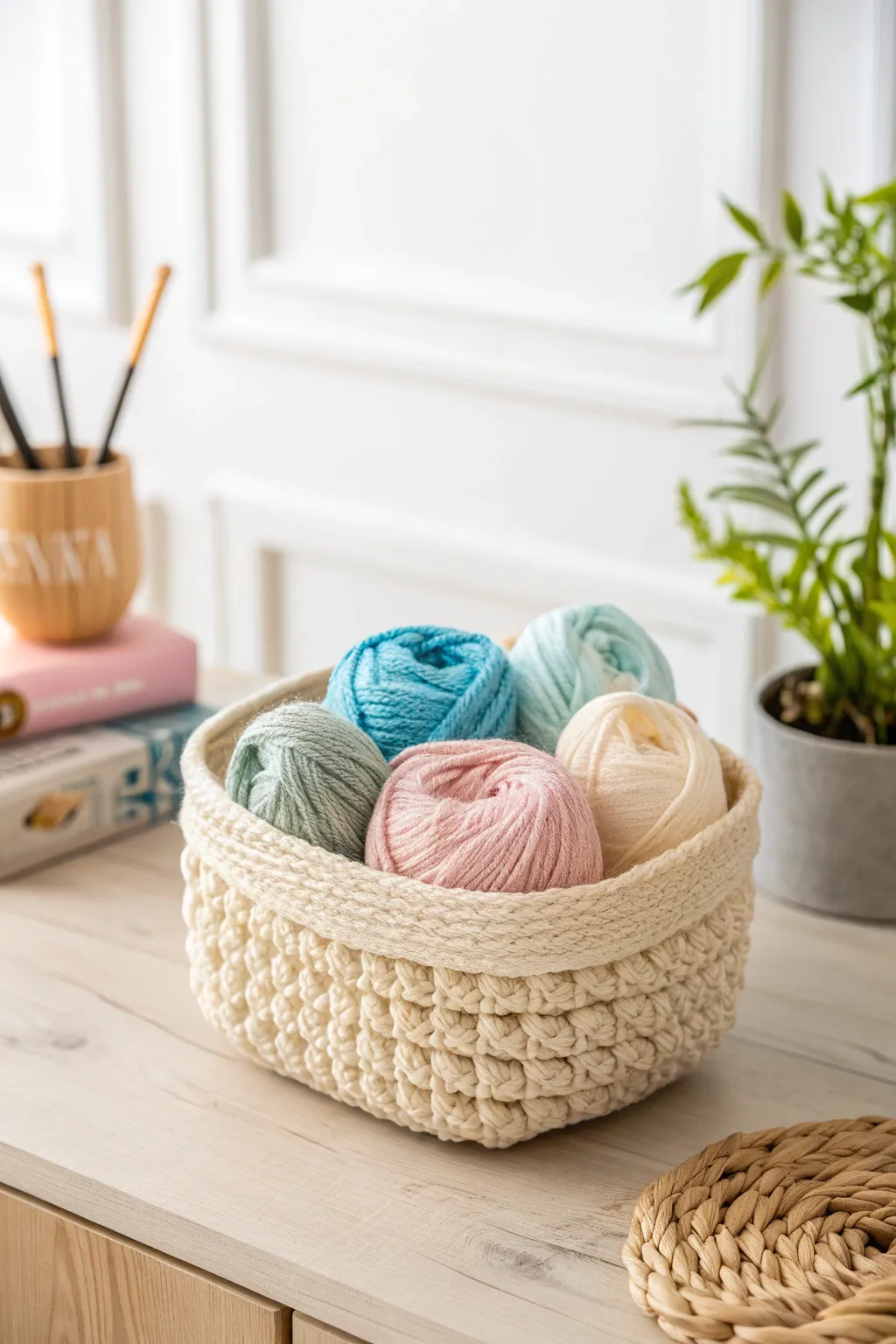 Add a handcrafted touch to your knitting nook with a crocheted yarn basket.