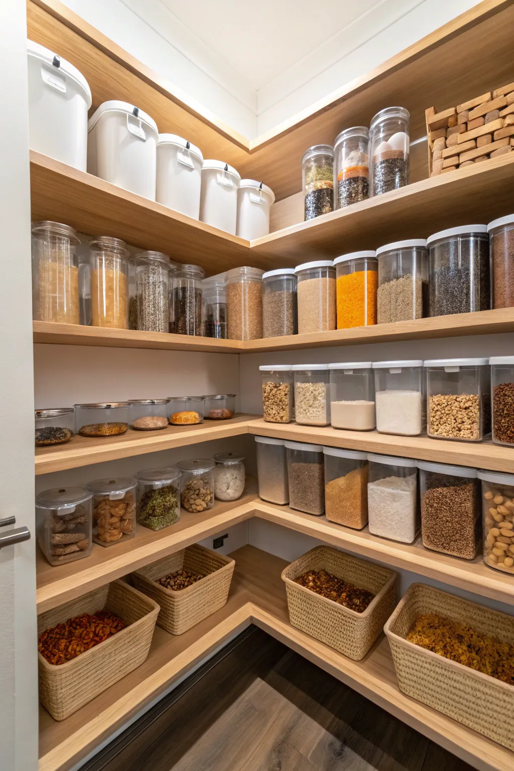 Clear containers creating a tidy and cohesive look in an L-shaped pantry.