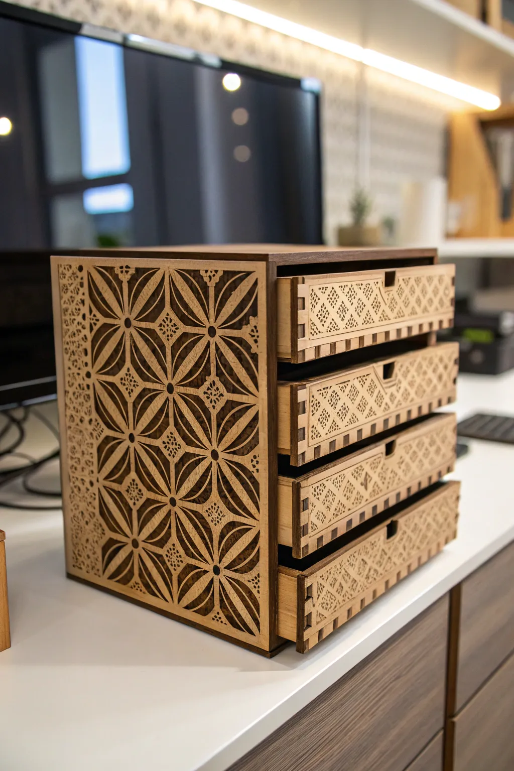 Elevate your organization game with this exquisite laser-cut box featuring sliding drawers—a perfect blend of functionality and art.