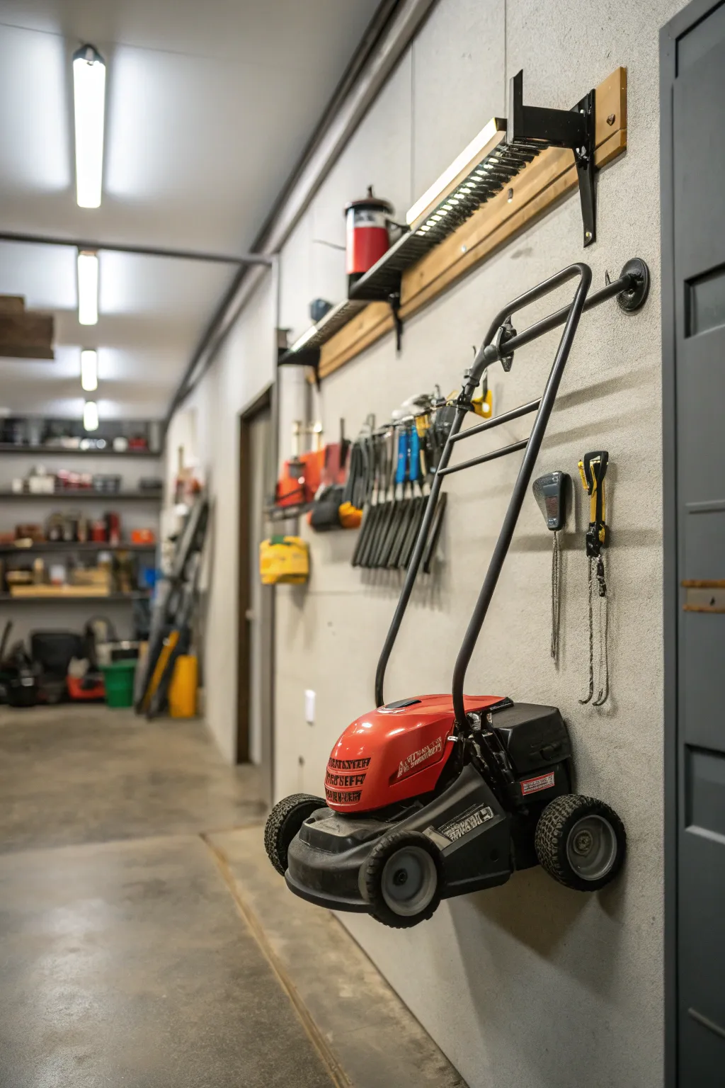 Vertical storage using wall-mounted hooks for lawn mowers.