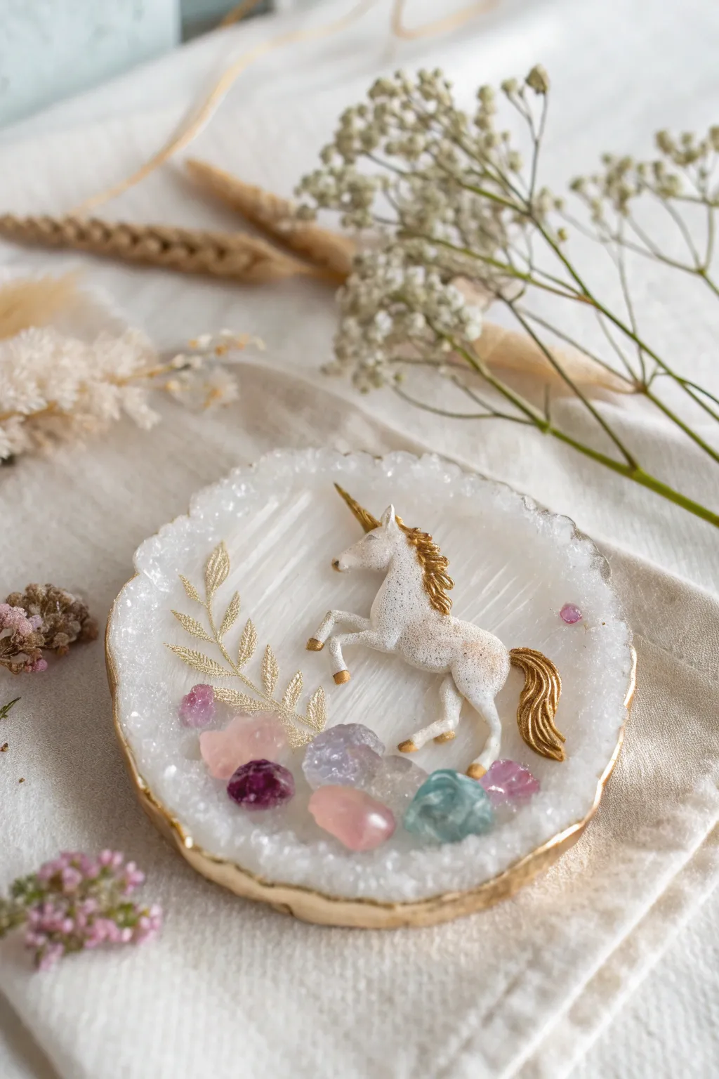 Embrace the magic with a touch of whimsy: a unicorn captured in resin art.