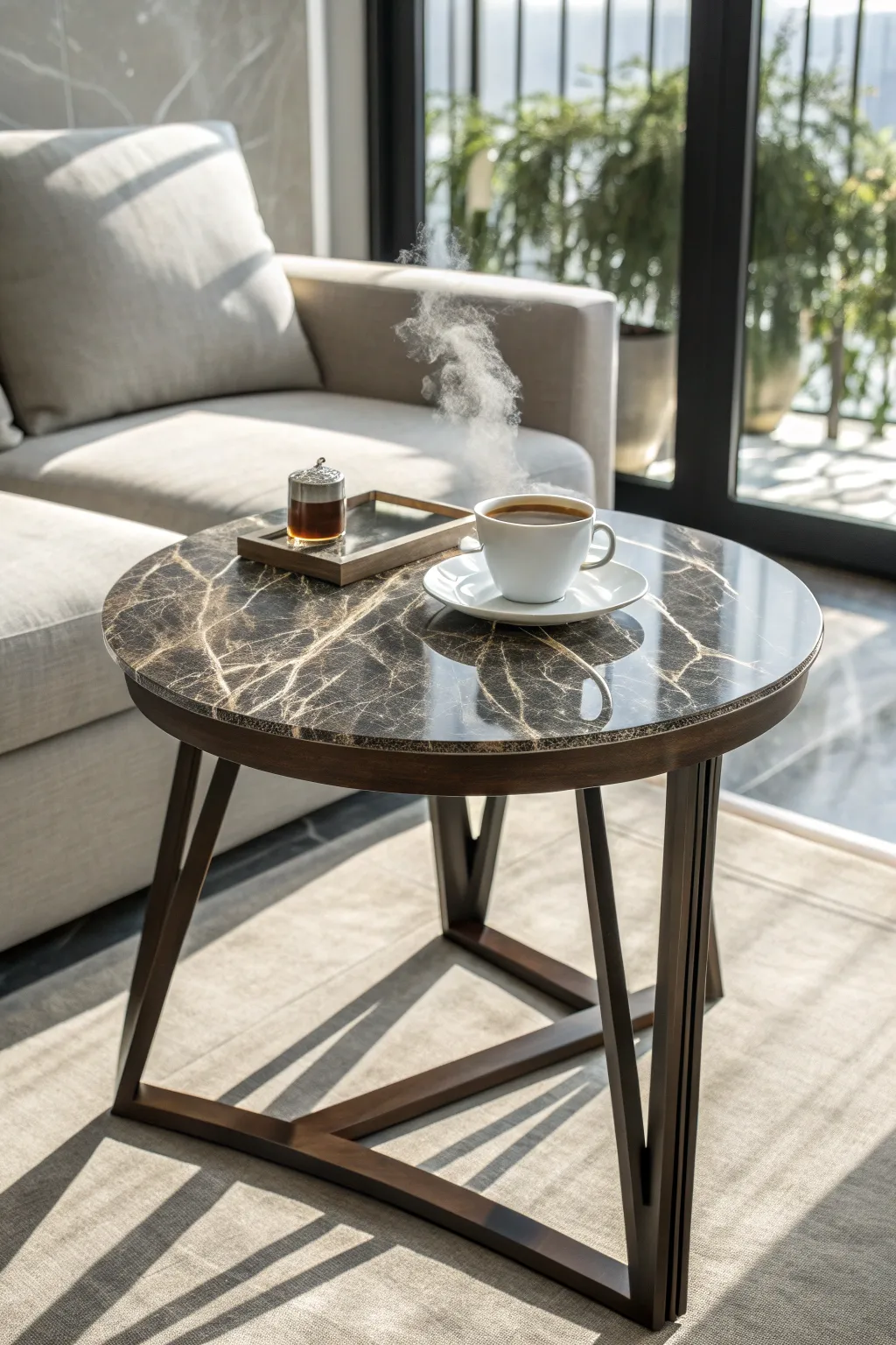 Elevate your space with a bespoke marble table top - the perfect morning coffee companion.