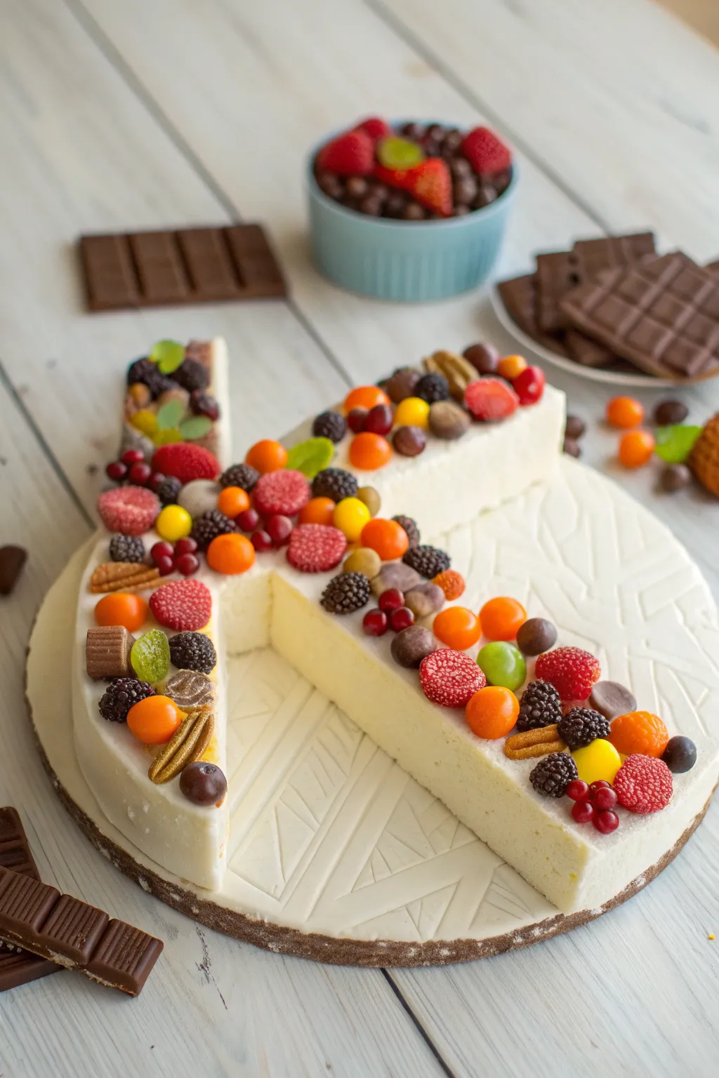 Indulge in the artistry of a candy-laden K cake, where simplicity meets vibrant delight.