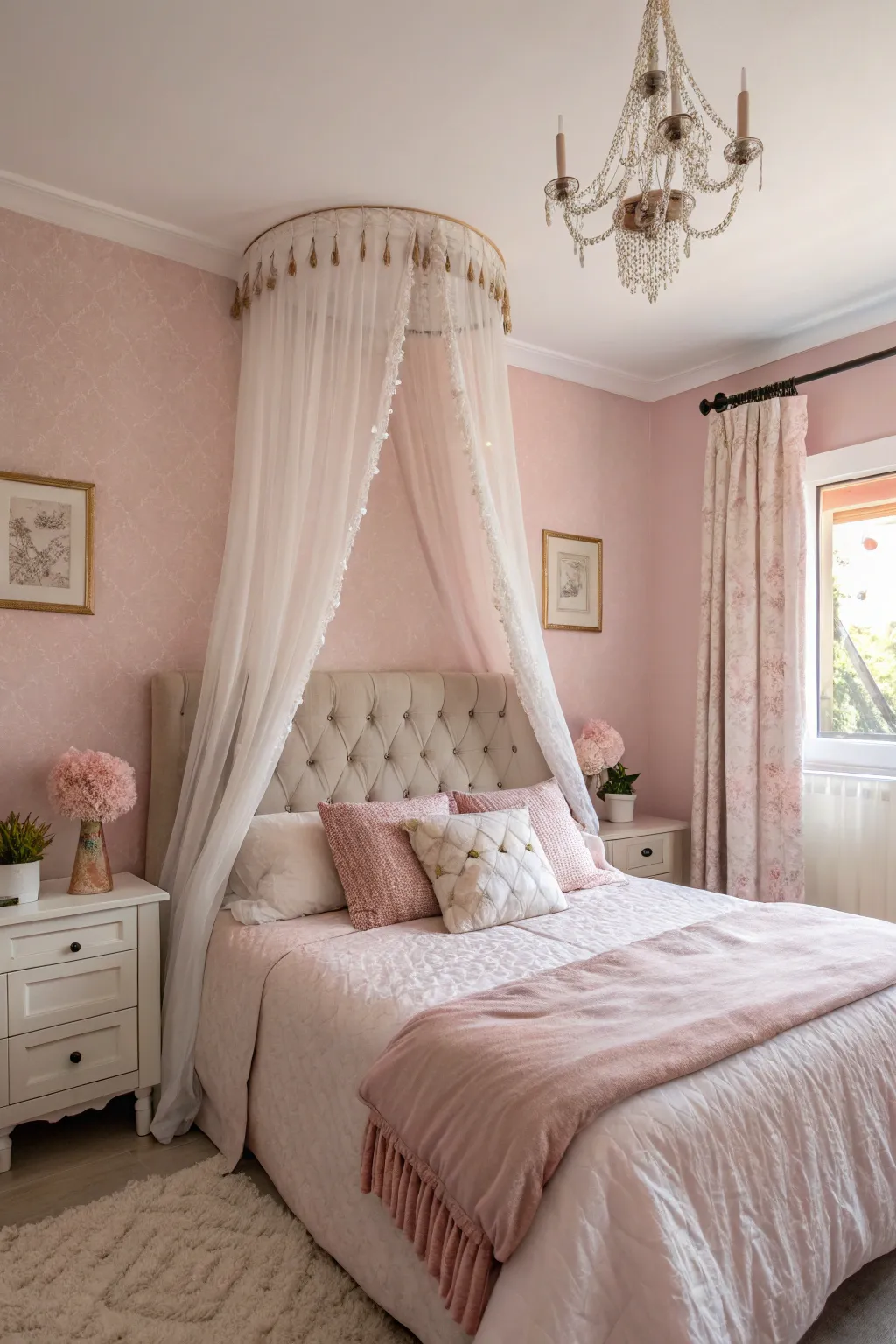 A bedroom exuding romance and elegance with soft pink tones.