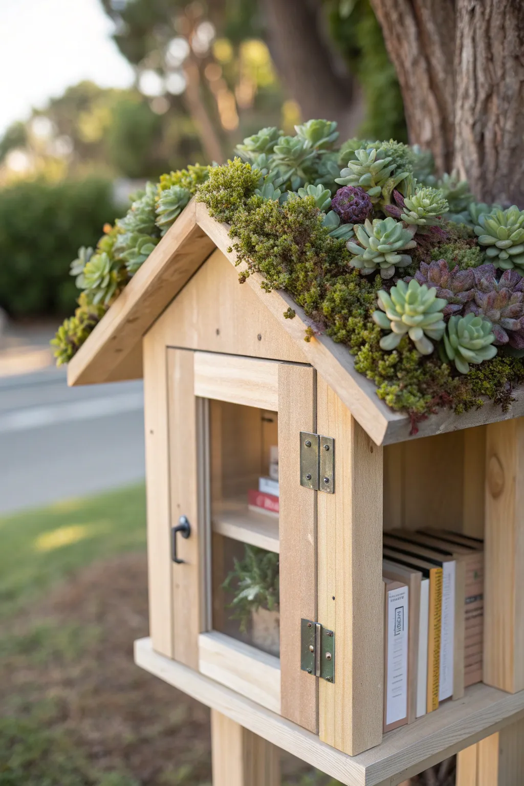 Transform your little free library into a lush oasis with a succulent roof, merging minimalist design with natural beauty.