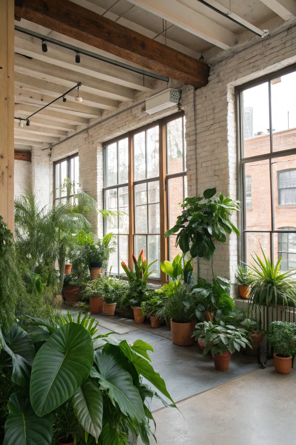Greenery adds a fresh touch to loft spaces.