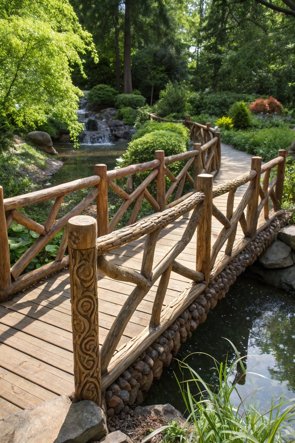 Enhance your garden's charm with these stunning log bridge railings.