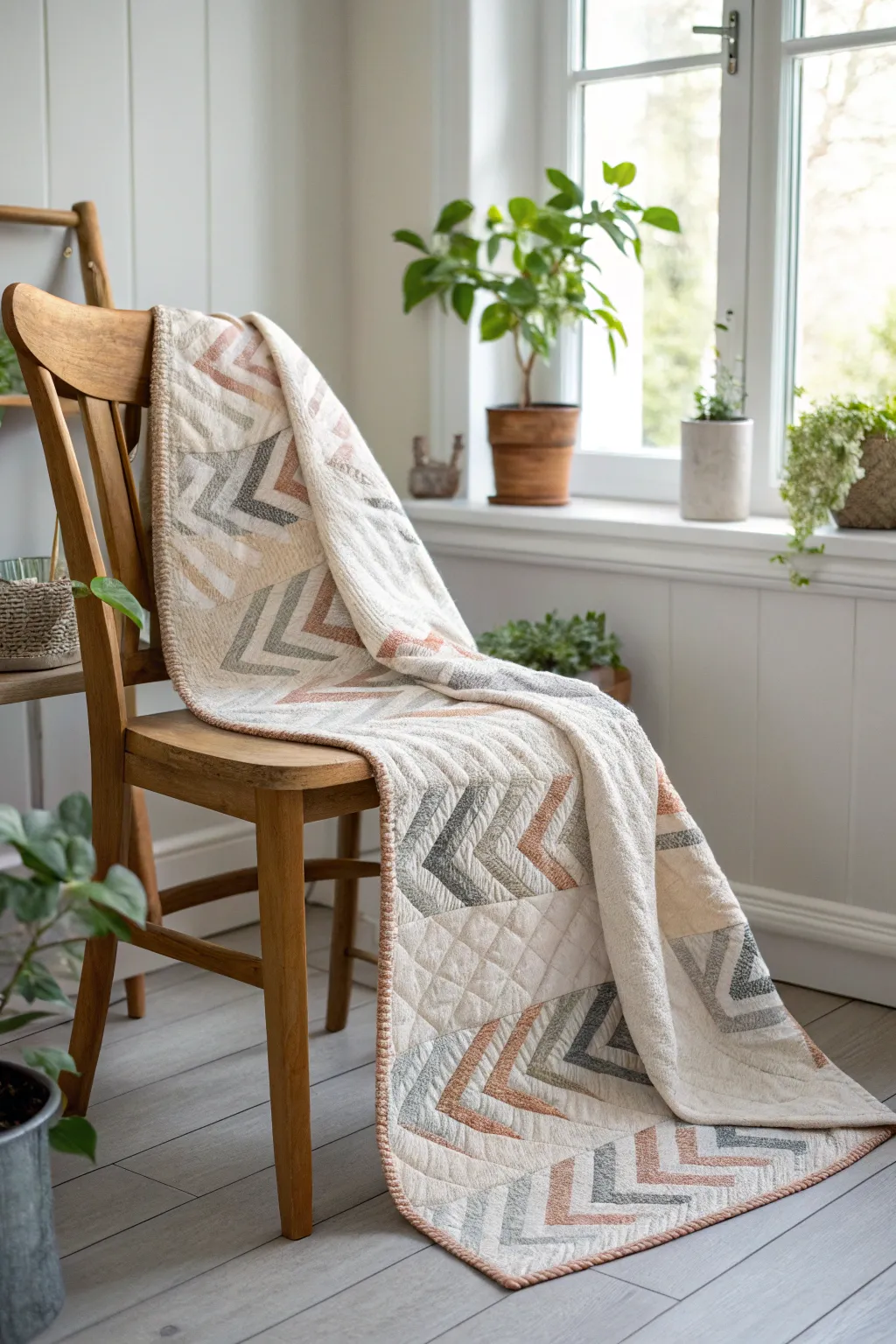 Elevate your space with the elegance of a modern chevron log cabin quilt, where simplicity meets artistry.