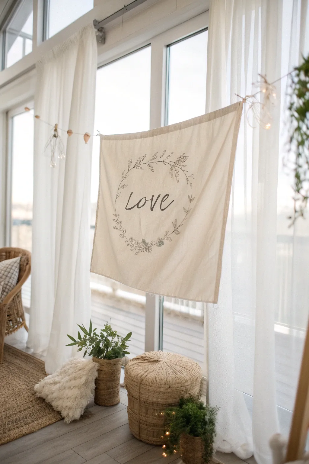Embrace the gentle reminder of love with every breeze: a handcrafted Bible verse banner that adds a touch of natural elegance to your space.