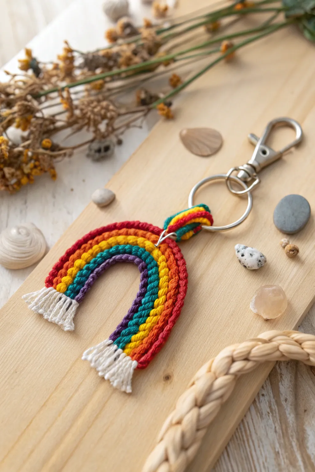 Add a touch of joy to your keys with this beautifully crafted rainbow wrap macrame keychain!