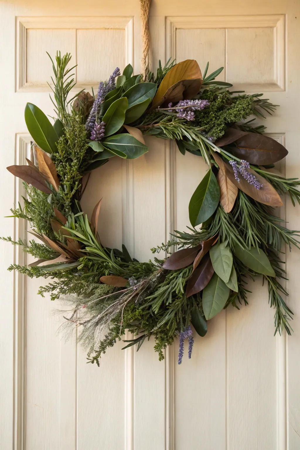 Welcome home with nature’s embrace: A magnolia wreath infused with the soothing scents of rosemary and lavender.