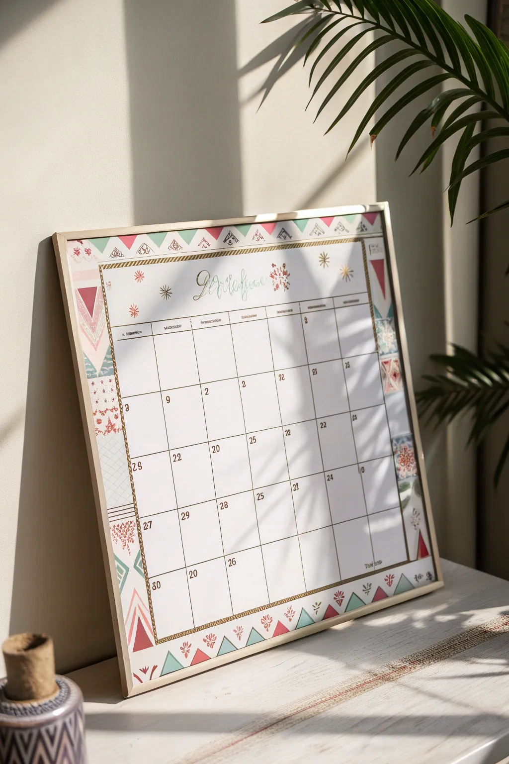 Elevate your planning with a whiteboard calendar adorned with artistic borders, blending minimalist elegance with boho flair.