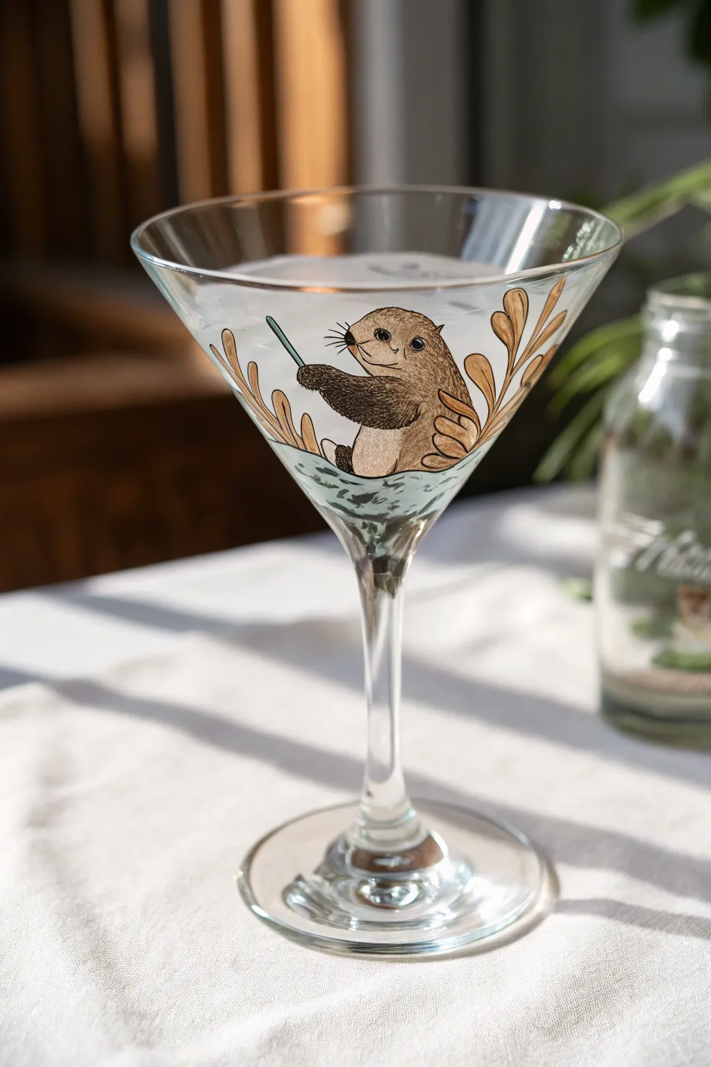 Sip with a smile: Bring whimsical wildlife to your cocktail hour with charming otter illustrations on your martini glass.