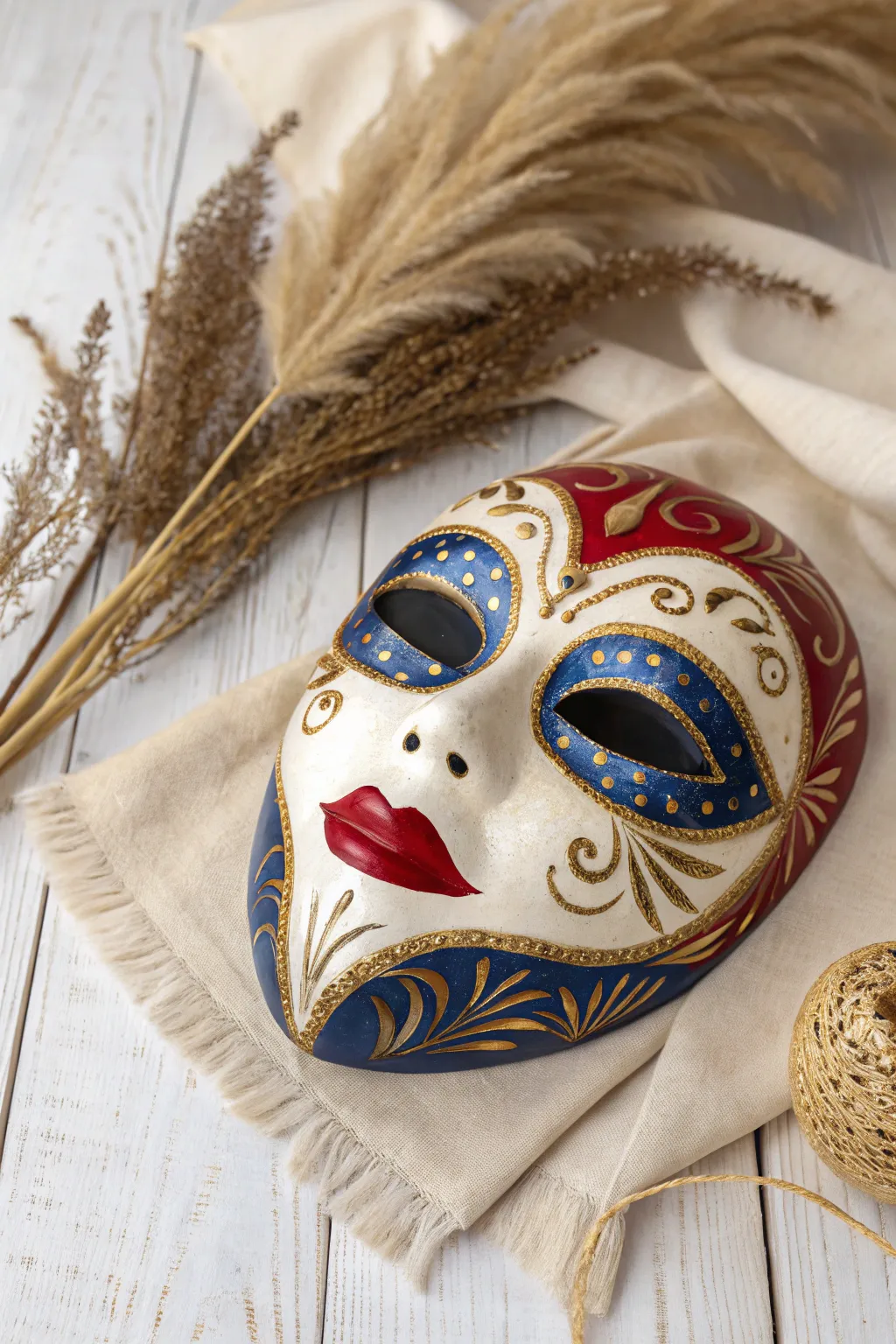 Embrace the drama with a mask that speaks volumes in bold colors and oversized features.