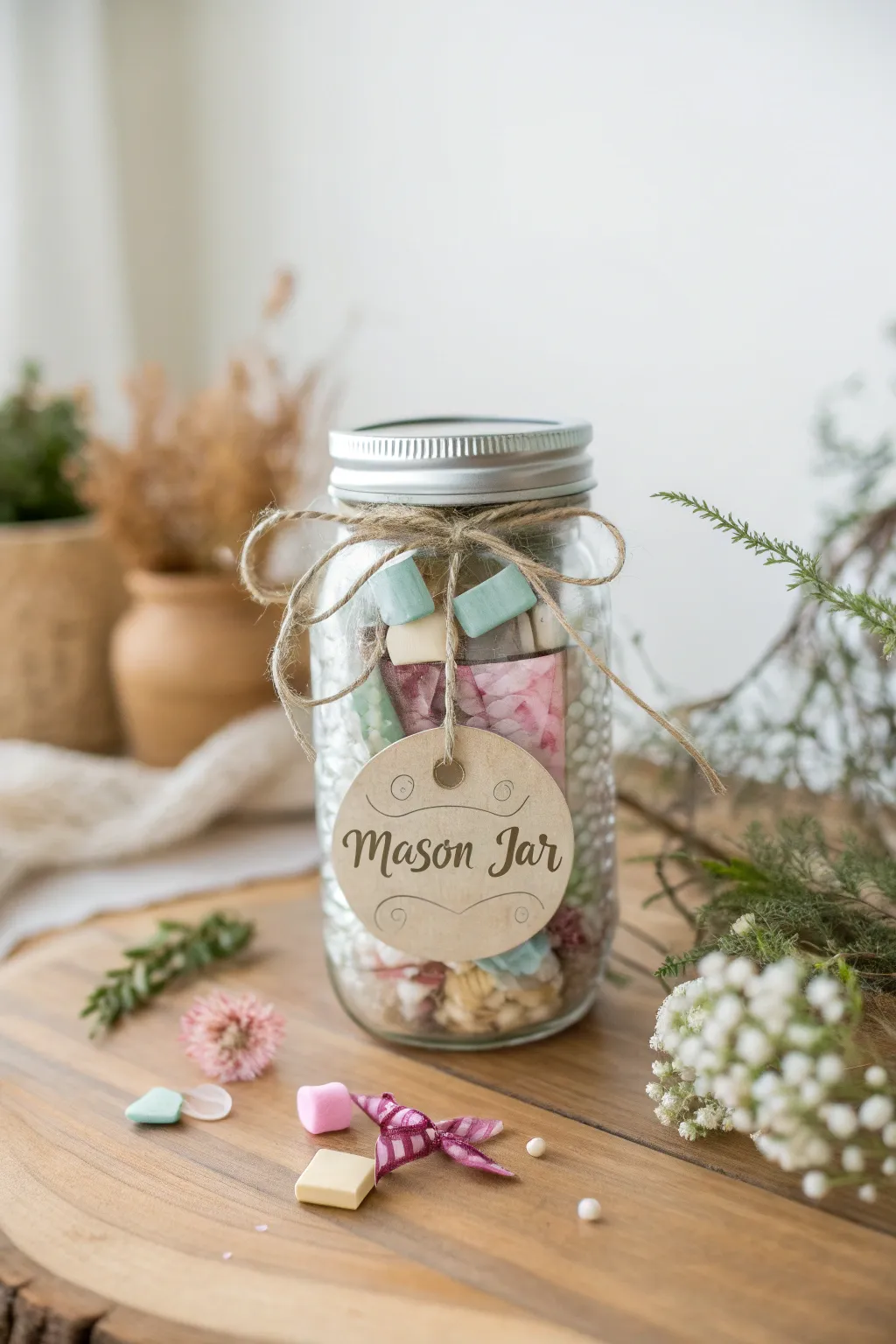 Chic and Thoughtful: Personalized Mason Jar Party Favors with a Touch of Elegance.