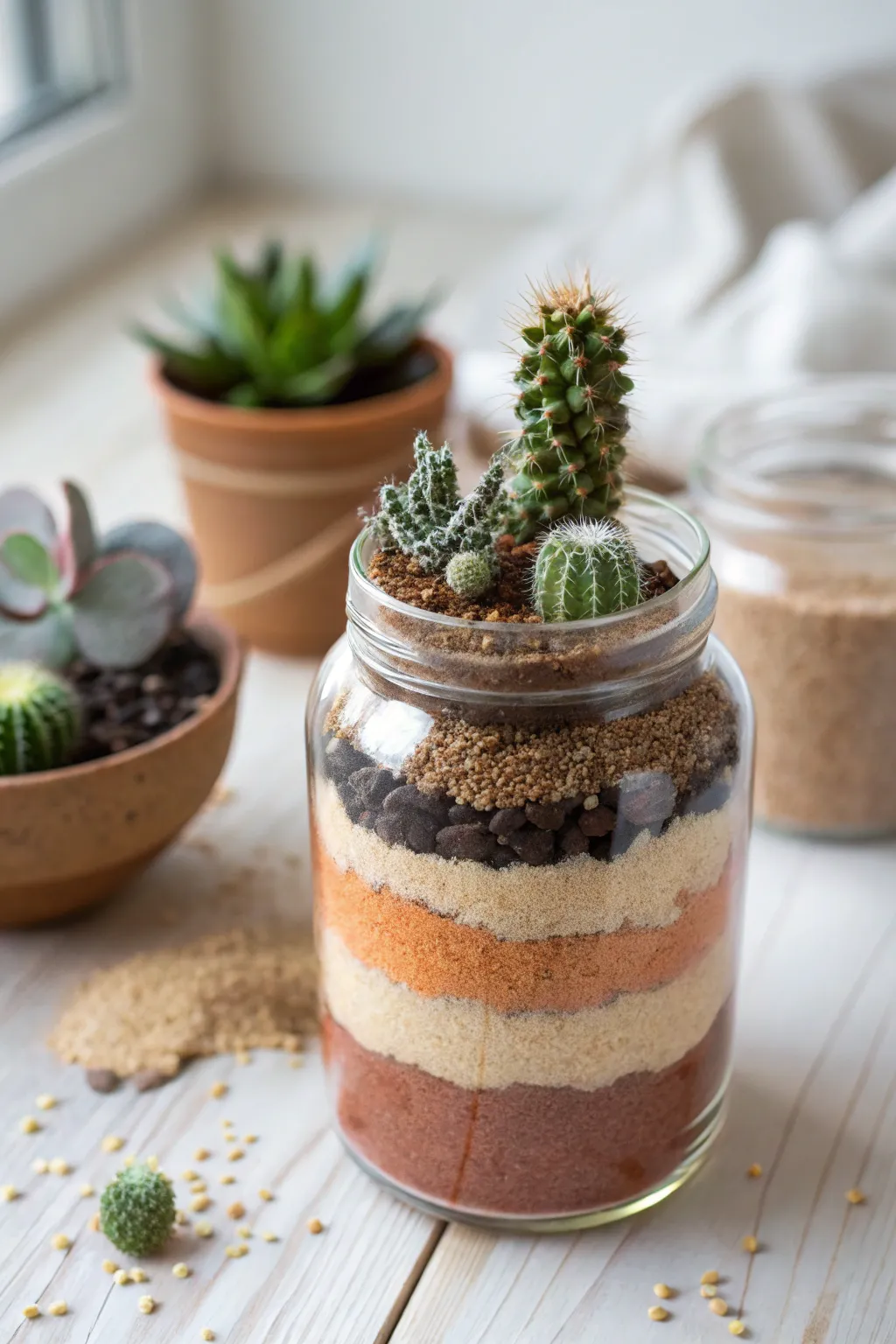 Create your own Layered Desert Oasis: A minimalist mason jar terrarium with a boho twist. #TerrariumArt