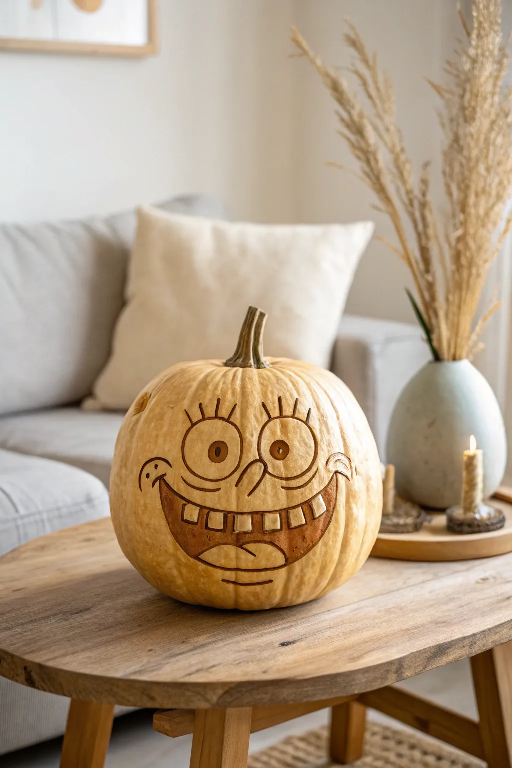 Bring a touch of humor to your fall decor with this Mocking Sponge meme pumpkin—where internet culture meets minimalist elegance.