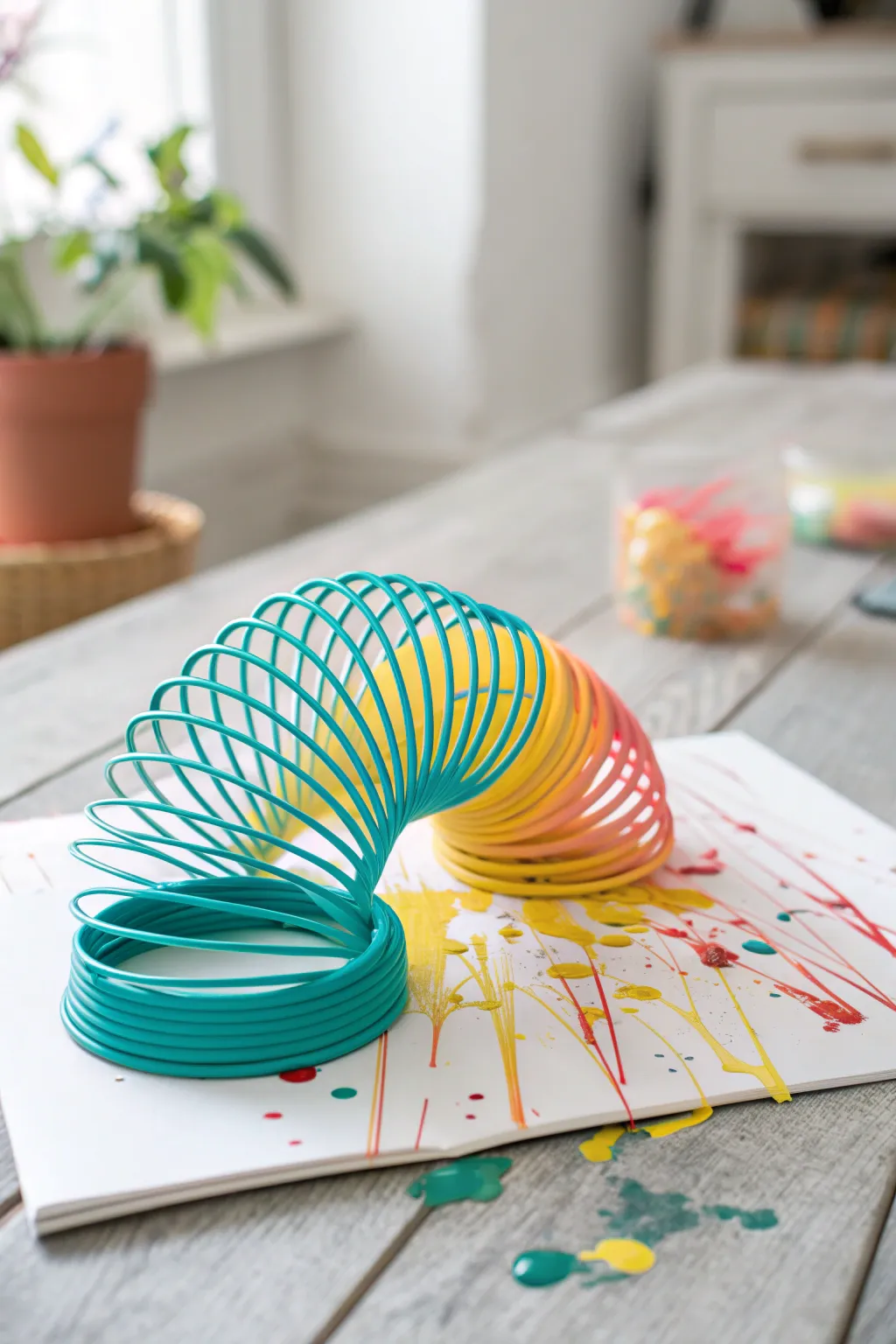 Unleash your creativity with a slinky and paint—where art meets unpredictability in the most delightful way.