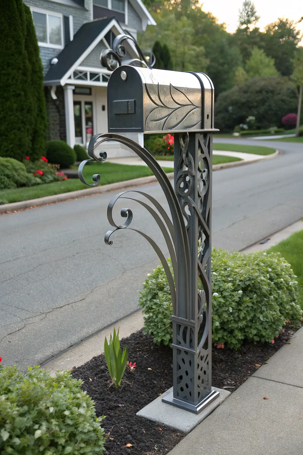 Transform your curb appeal with an abstract metal mailbox post that's both functional and a work of art.