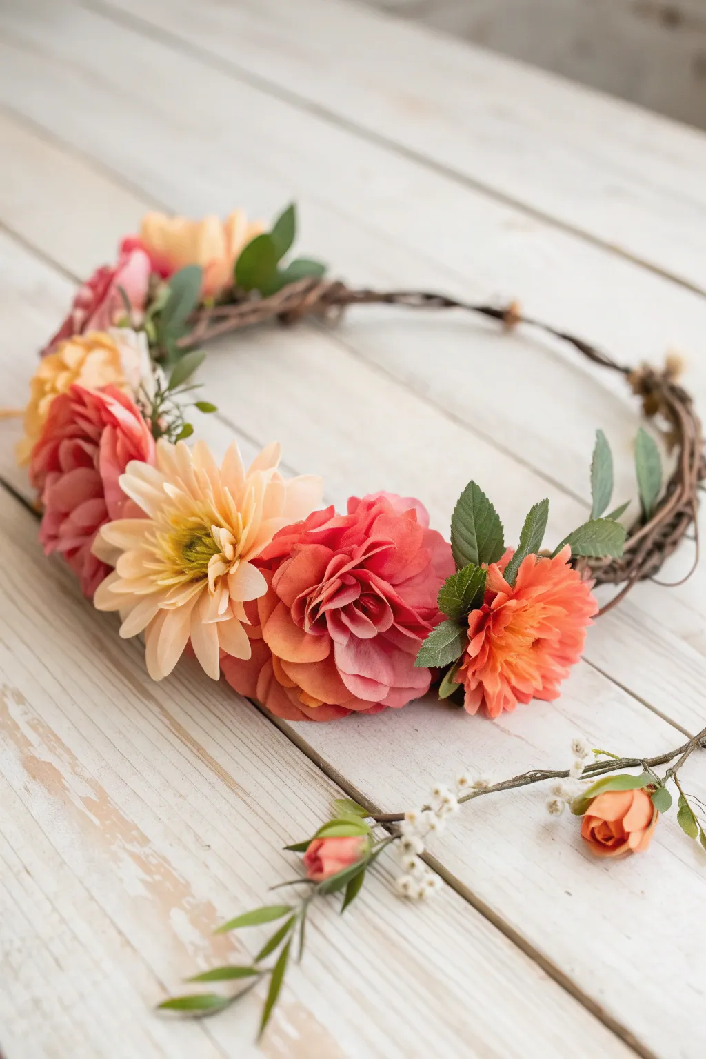 Embrace the spirit of a fiesta with this exquisite floral crown, a perfect blend of vibrant blooms and minimalist elegance.