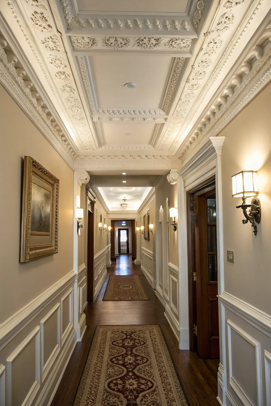 Crown molding enhancing architectural details in a hallway.