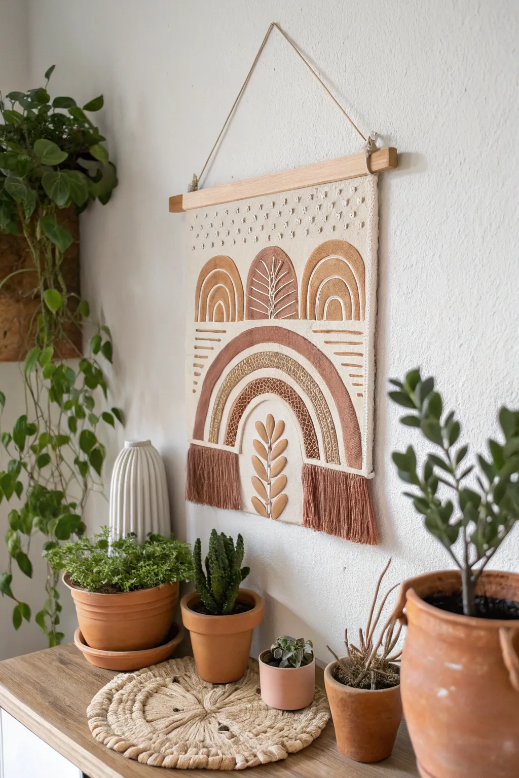 Bring your walls to life with eclectic clay art and nature's touch.
