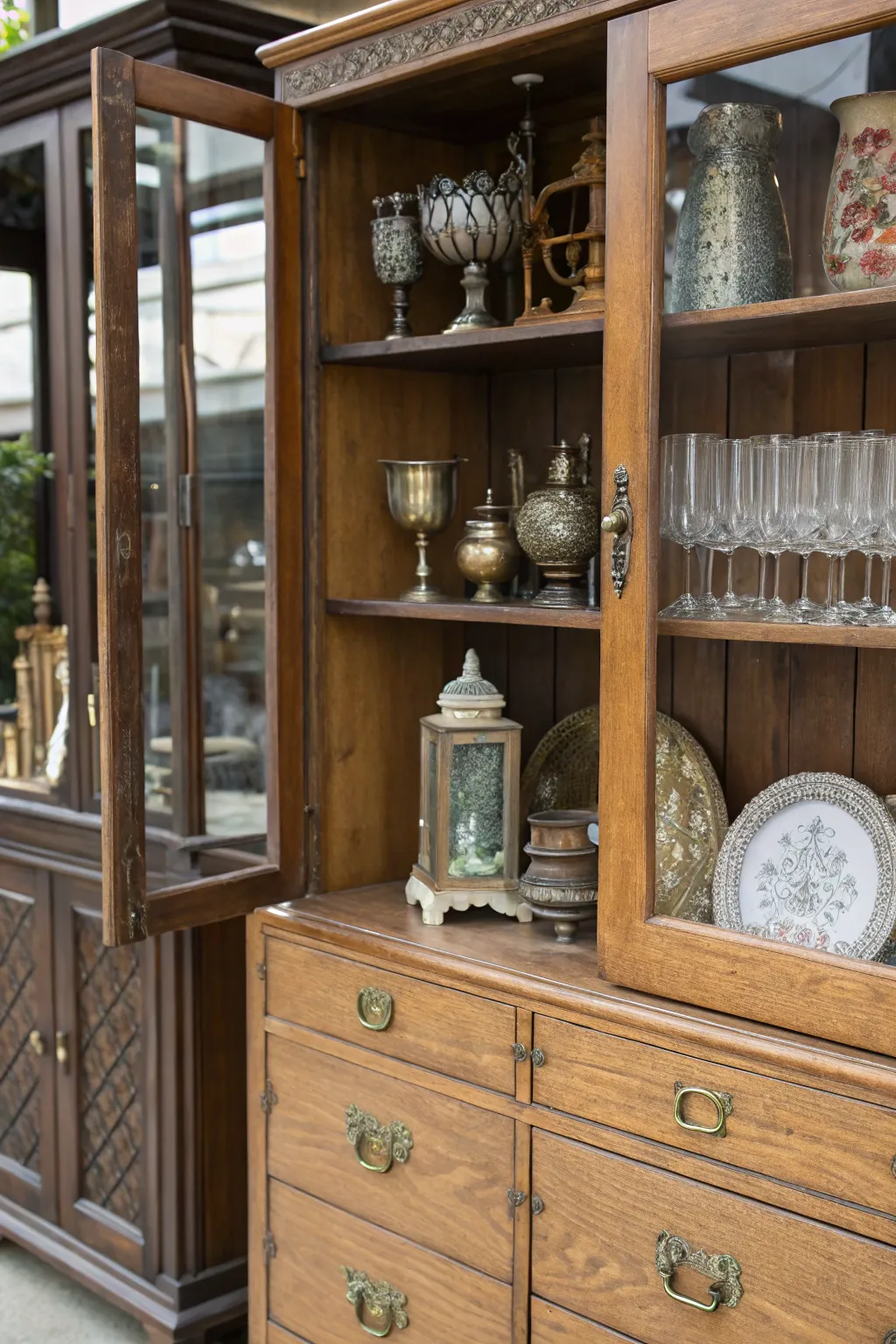 Layered textures on an armoire for a dynamic display.