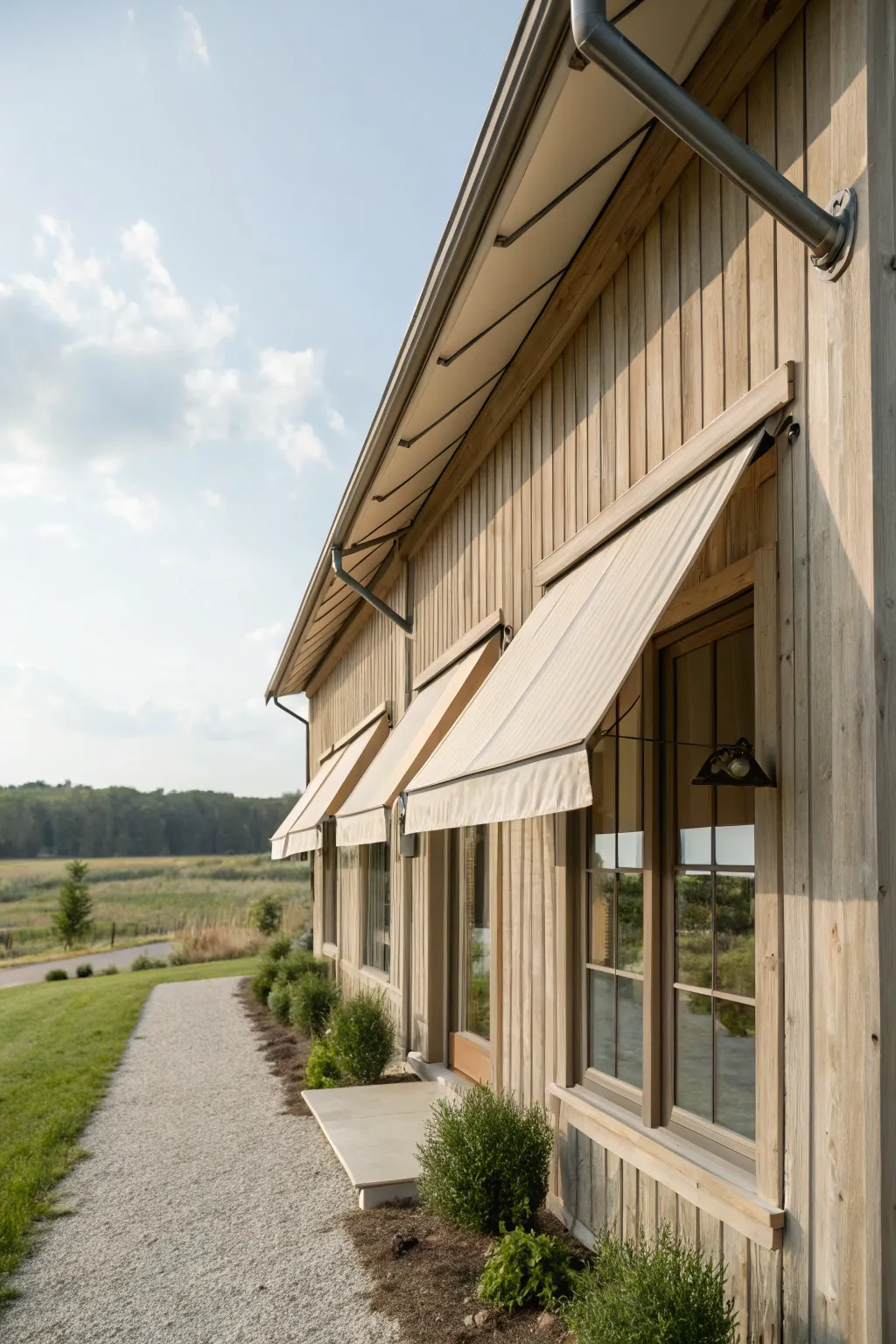 Neutral-toned awnings provide a subtle yet sophisticated touch to this farmhouse.