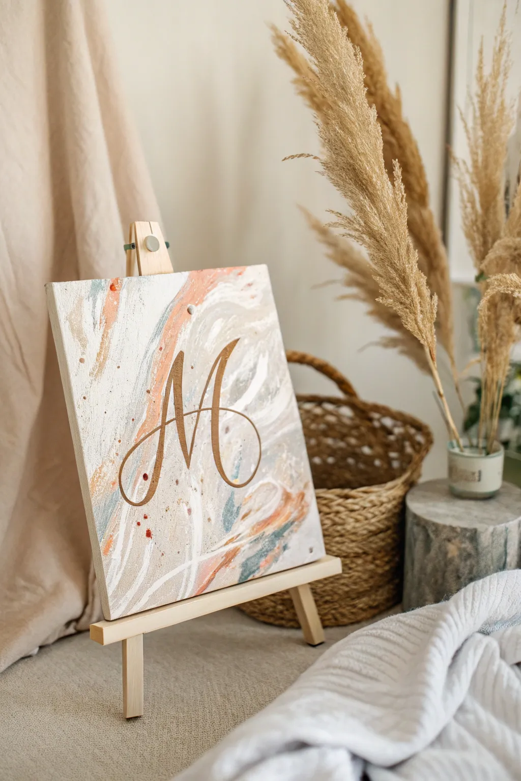 Embrace the art of minimalism with a touch of boho chic: Abstract monogram painting that speaks volumes.