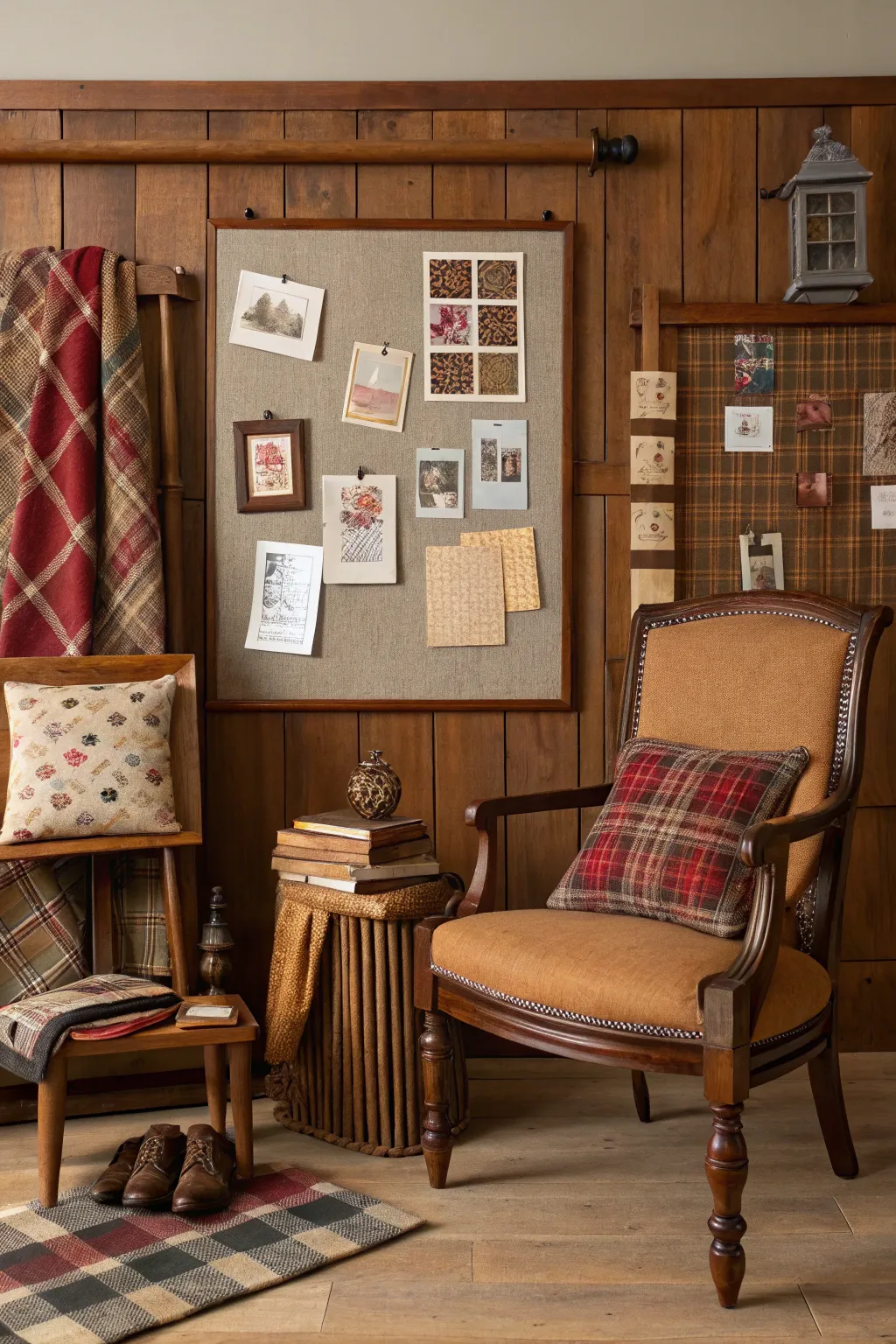 Rustic mood board evoking the charm of a cozy retreat.