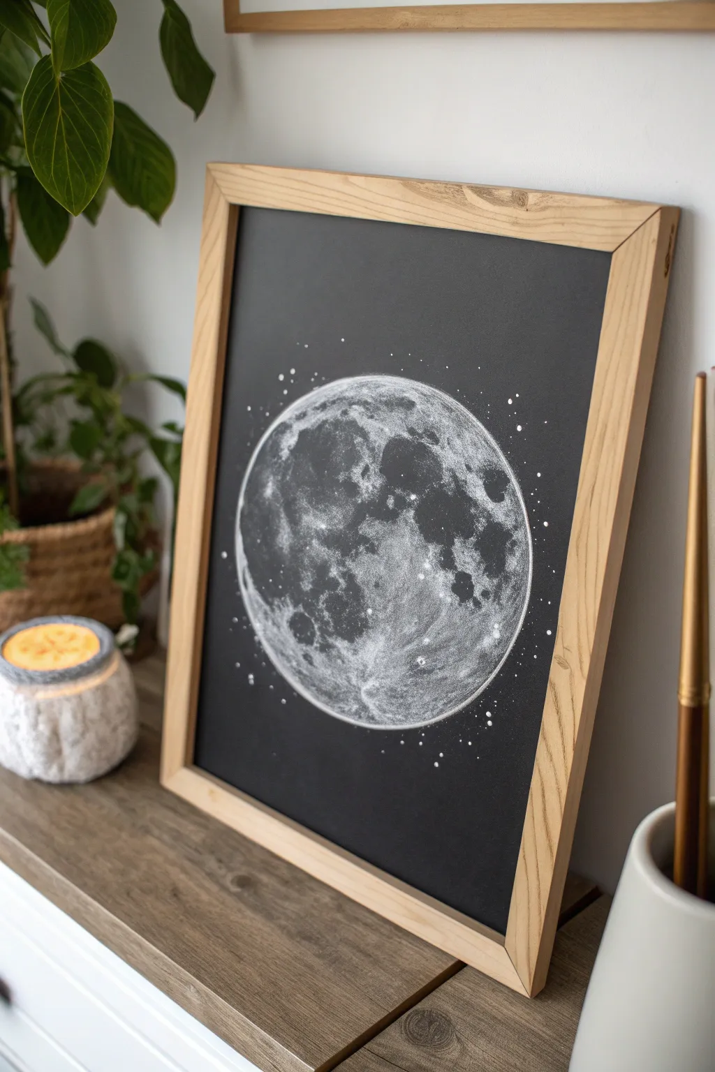 Capture the quiet allure of the night with this elegant chalkboard moon art, perfect for adding a touch of minimalist beauty to any space.