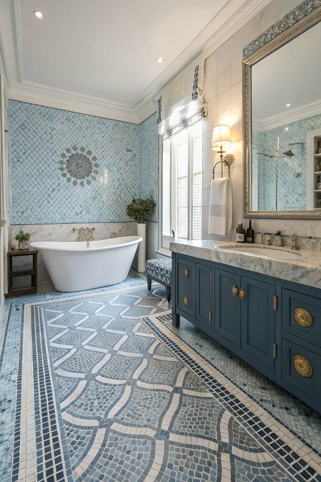 Monochromatic mosaic tiles add depth and elegance to the bathroom floor.
