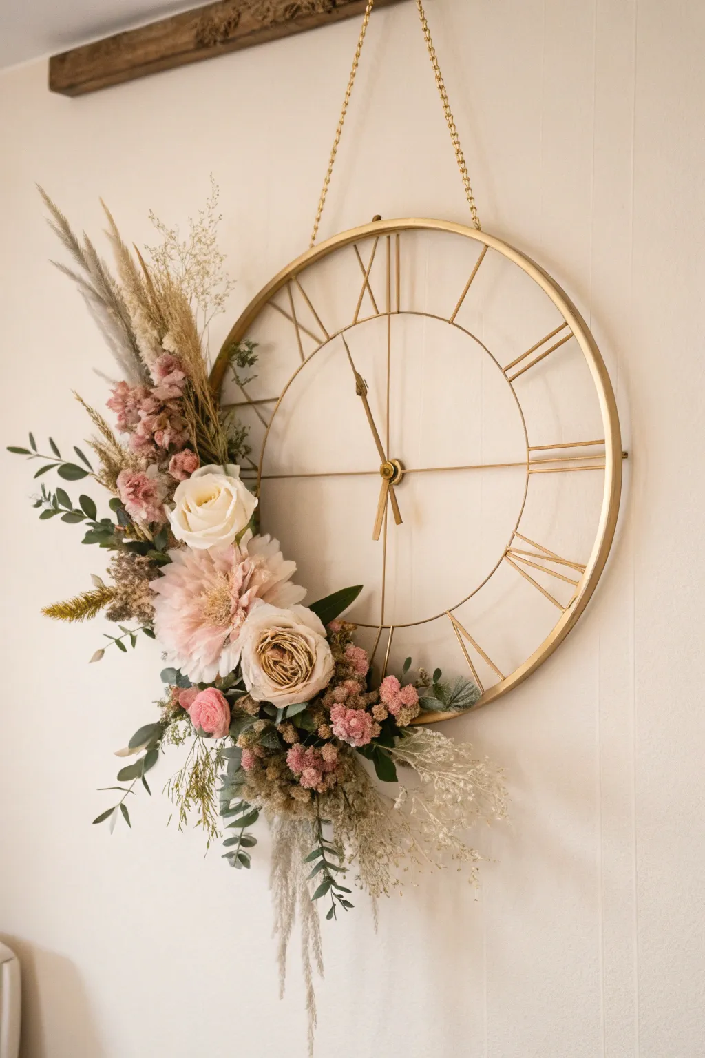 Time blooms beautifully with this handcrafted floral wall clock, perfect for adding a touch of elegance to any space.