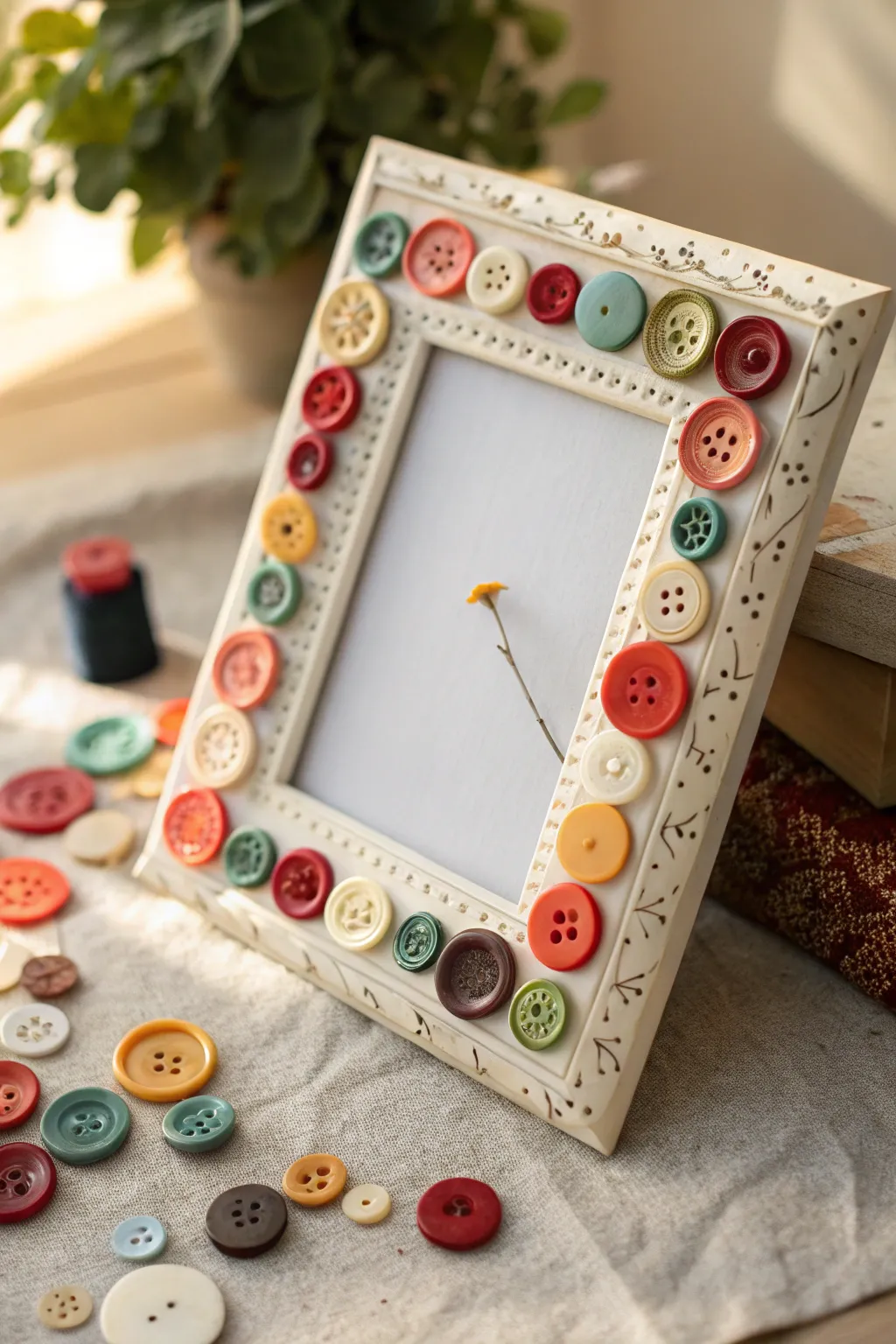 Transform memories into art with a playful button-adorned frame, perfect for adding a touch of charm to any space.