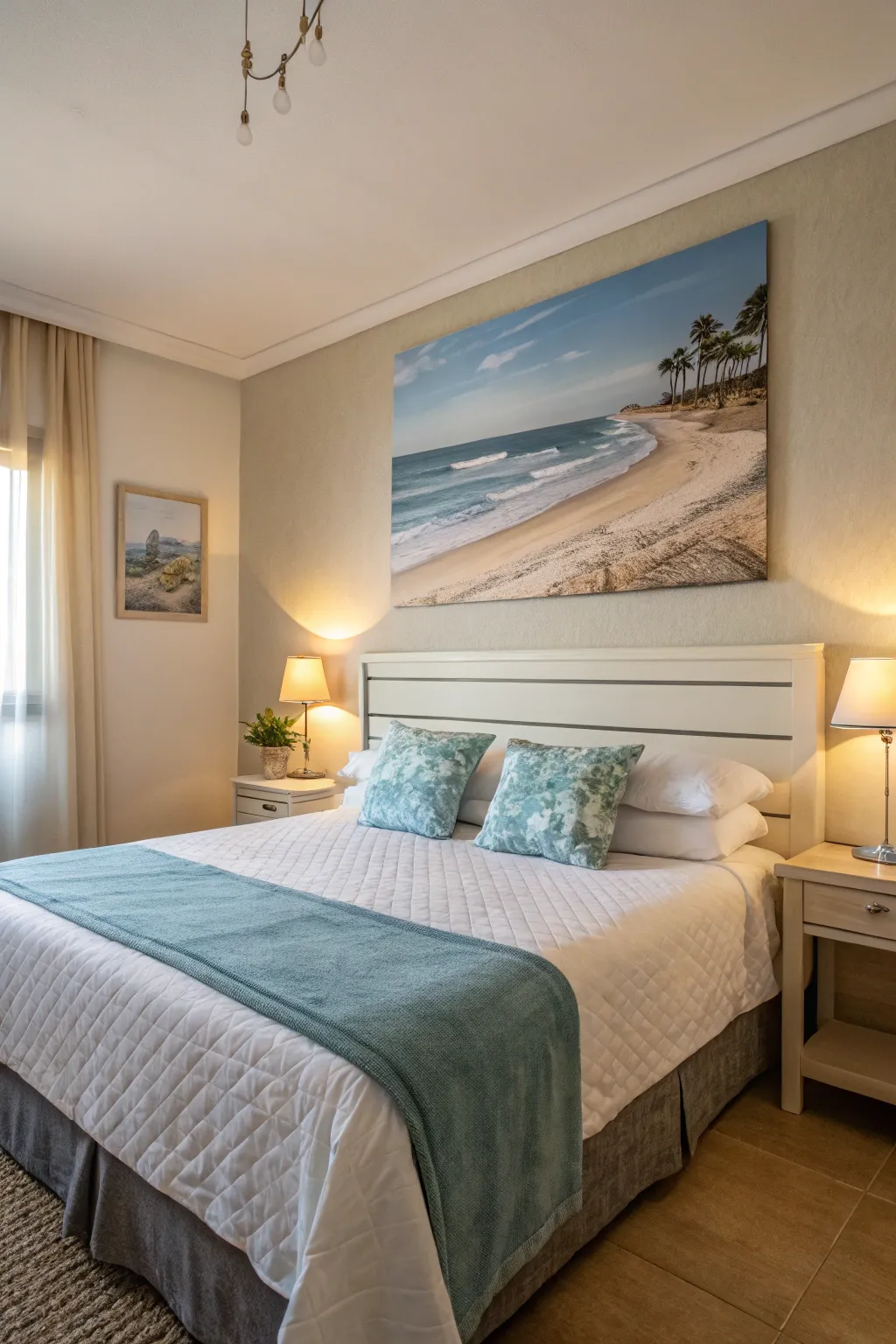 Create a peaceful retreat with serene beach scene paintings.