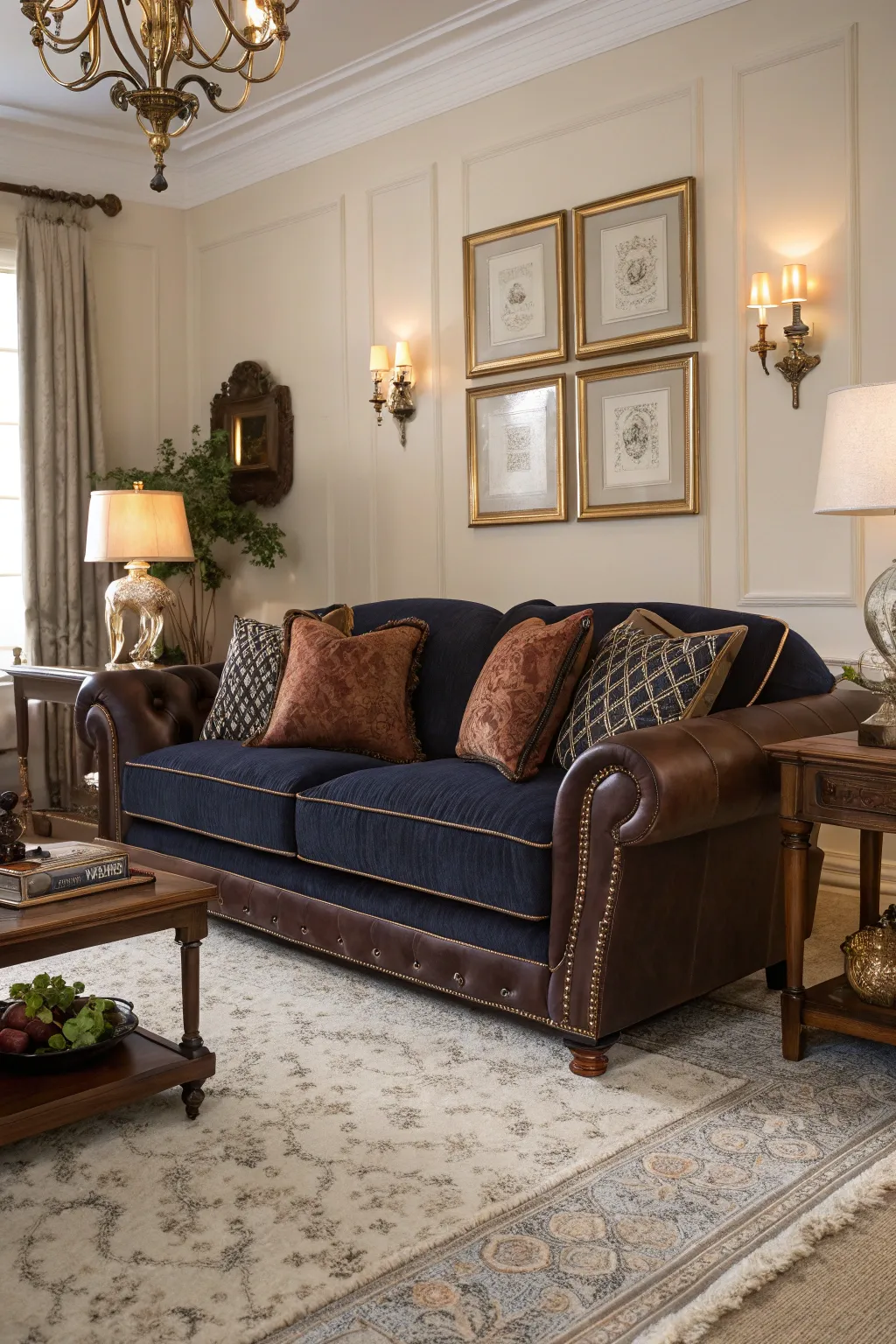 Sophisticated navy and chocolate brown create a regal living room environment.