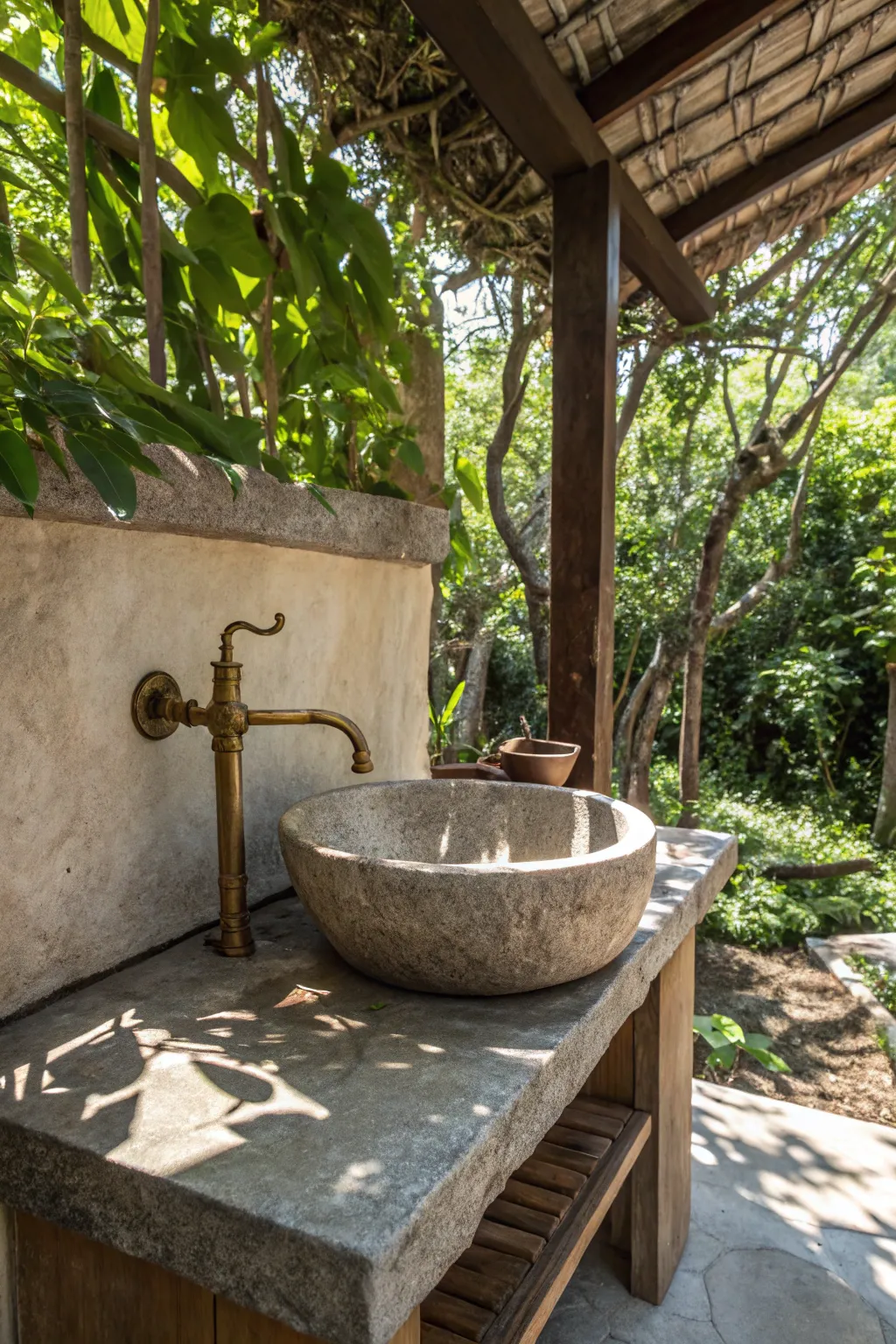 Embrace nature with a rustic outdoor basin setup - where morning rituals become invigorating experiences.