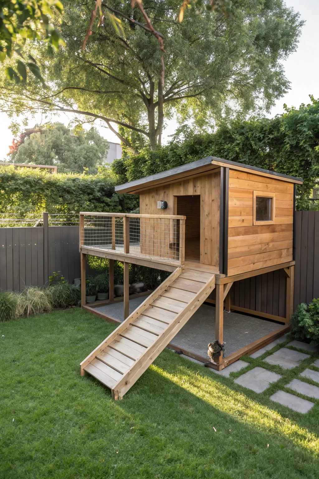 Elevate your dog's comfort with style - a modern kennel with a gentle ramp for easy access.