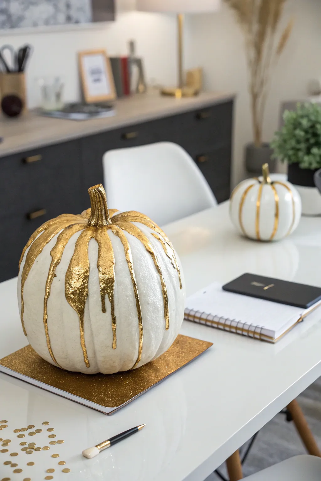 A glamorous metallic drip pumpkin, adding a touch of elegance to the office.