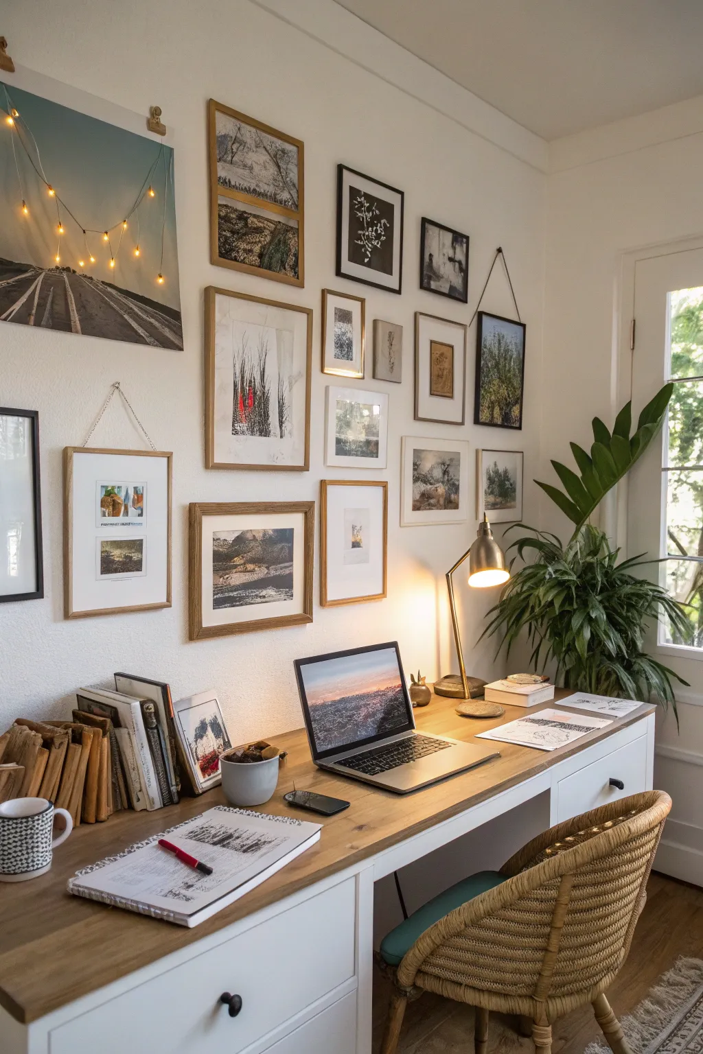 A home office with a gallery wall of art and photographs.