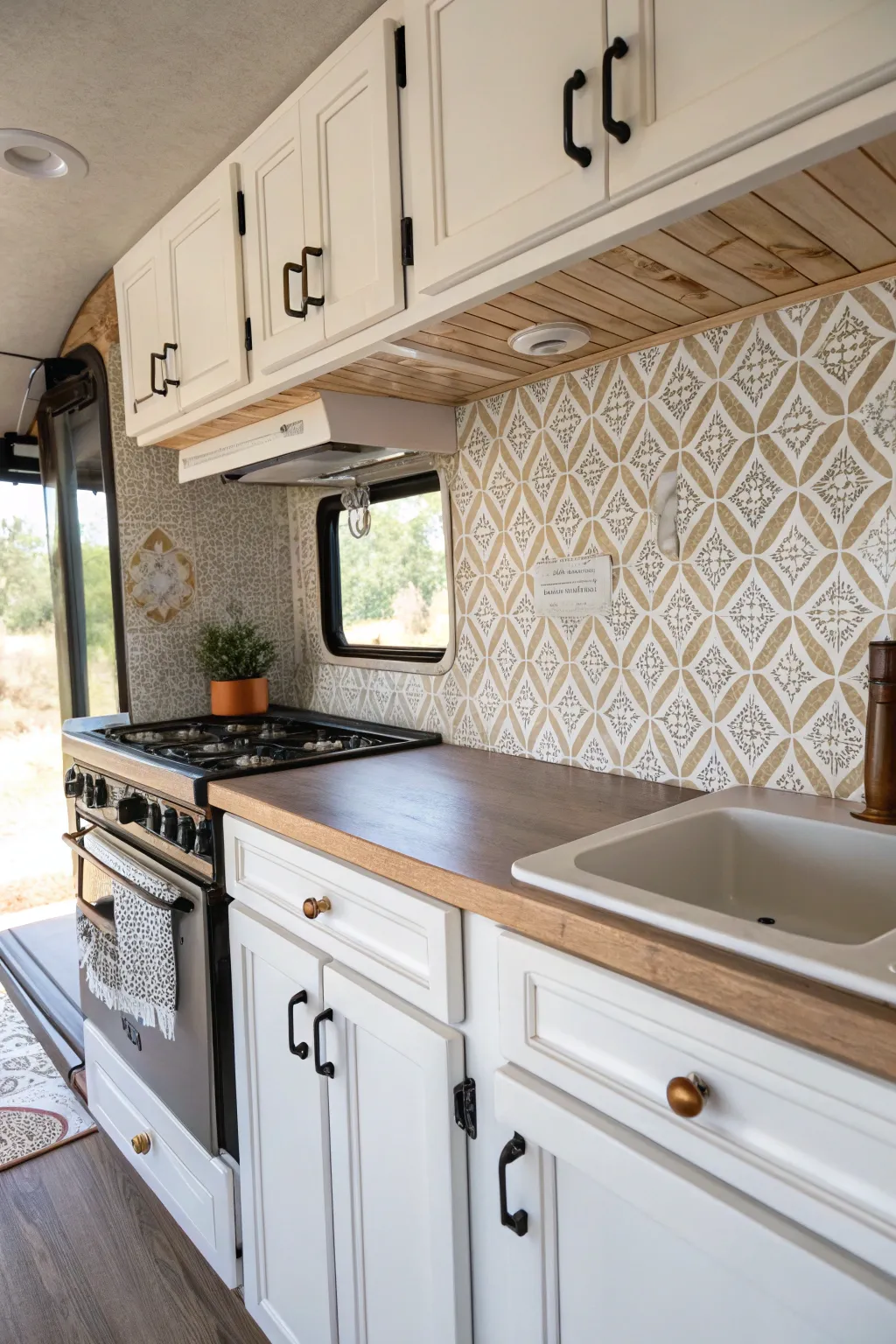Elevate your camper kitchen with a chic geometric backsplash, where Scandinavian minimalism meets boho charm.