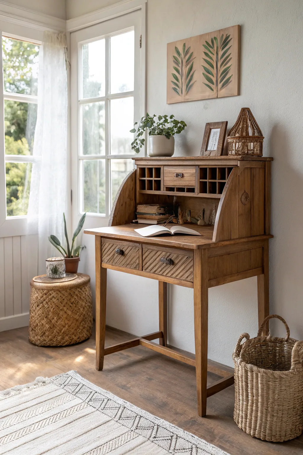 Transform your old desk with rustic wood paneling for a touch of boho charm and Scandinavian simplicity.