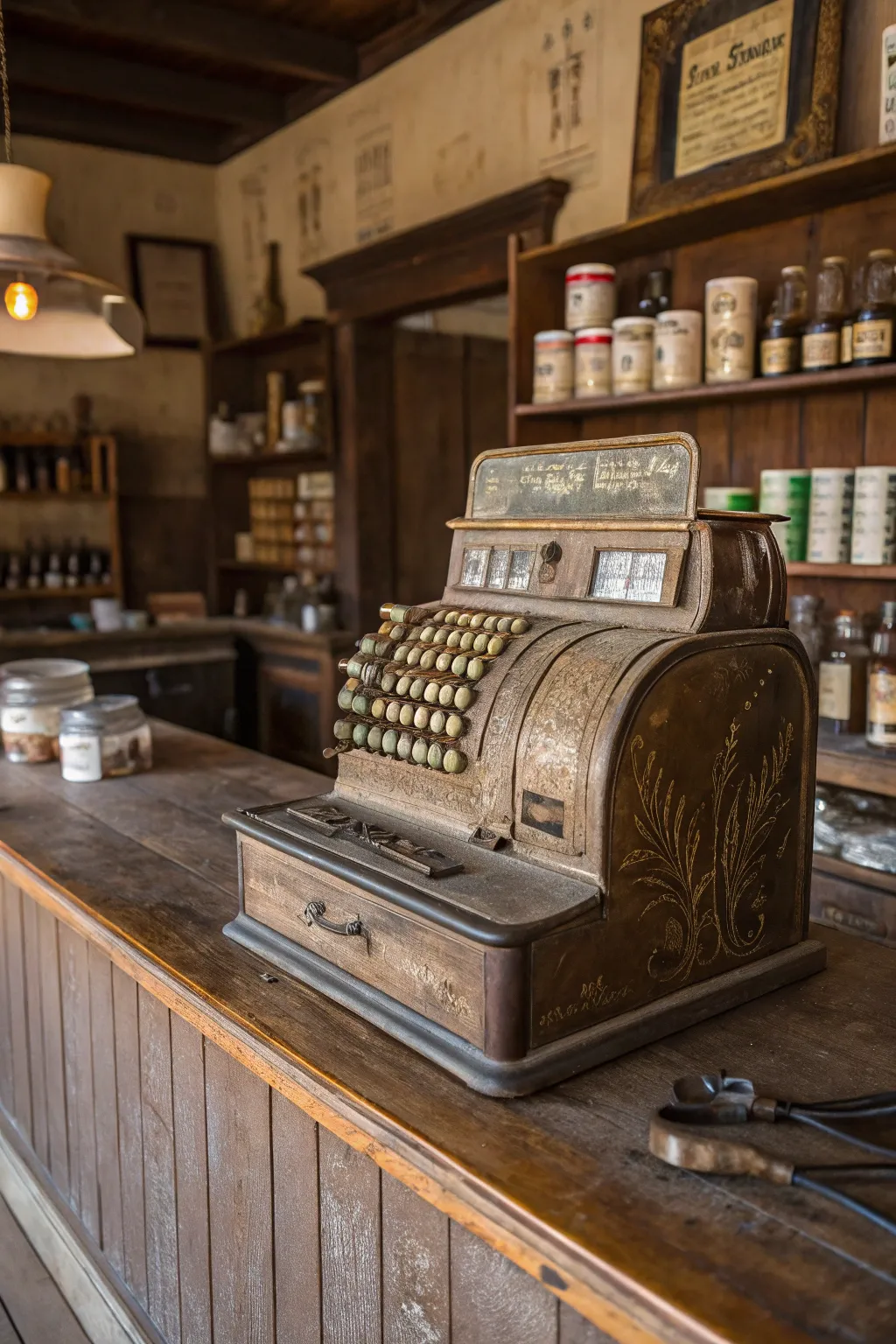 Antique cash register and wooden counter.