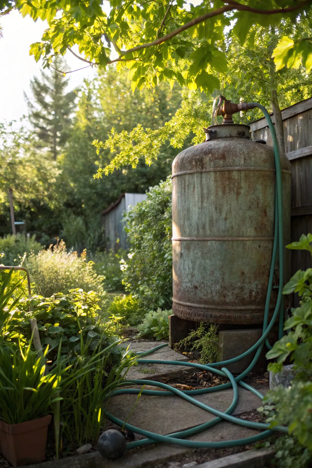 Transform your garden with a vintage twist: Old pressure tank turned efficient watering system.