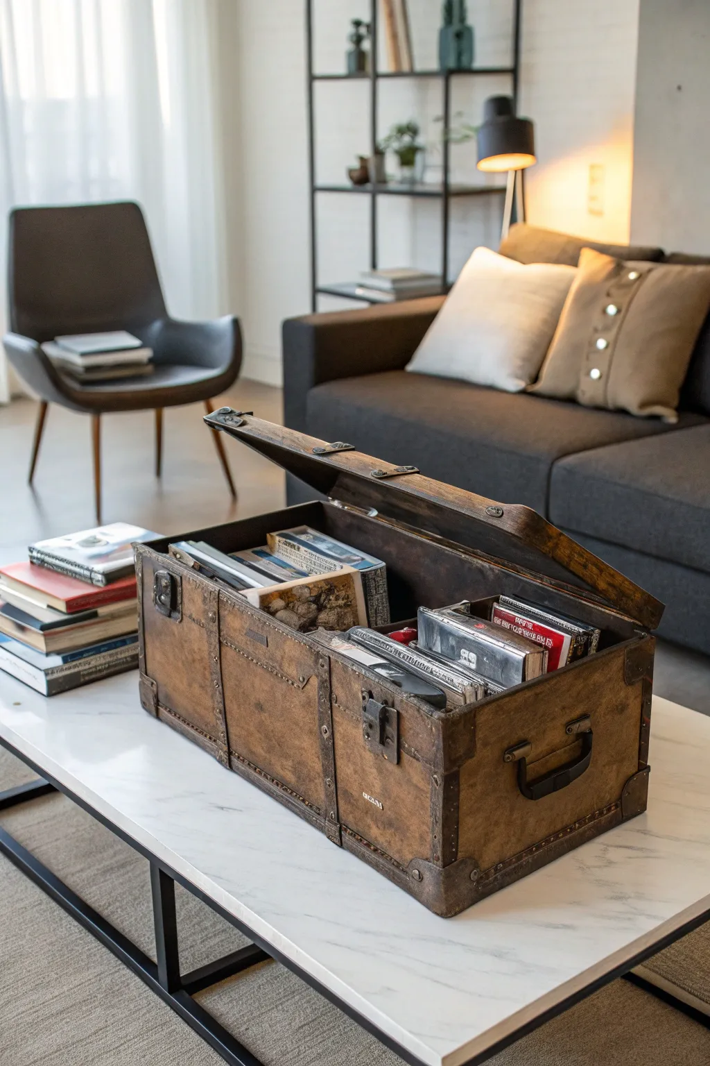 Transform your living room into a conversation starter with a vintage toolbox book holder.