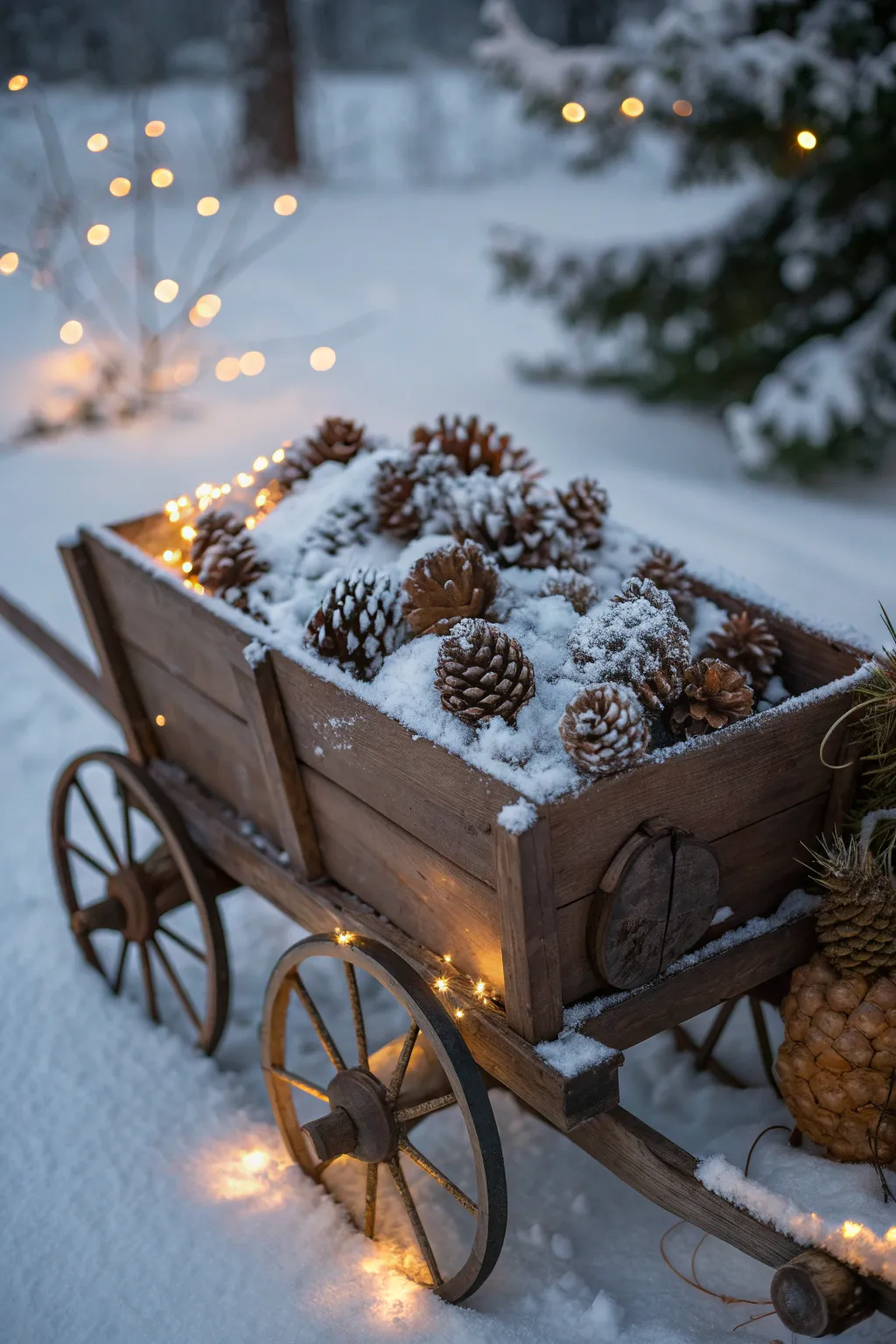 Transform your wagon into a winter wonderland with pinecones and twinkling lights.